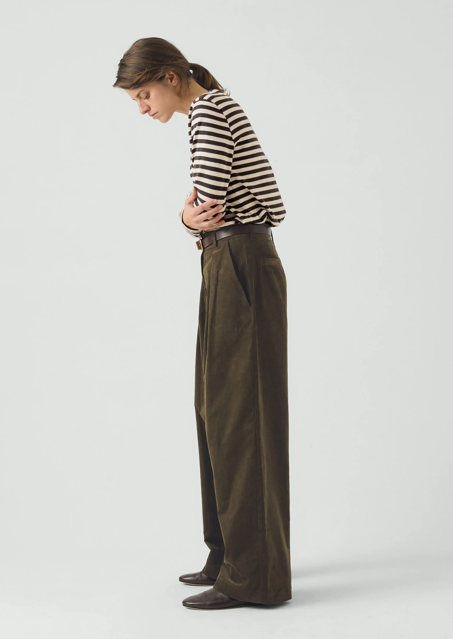 Organic Cord Box Pleat Trousers | Tent Green - Image 2
