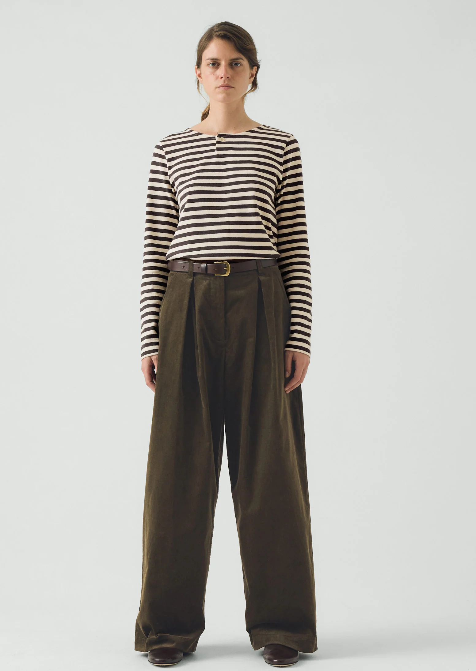 Organic Cord Box Pleat Trousers | Tent Green - Image 3