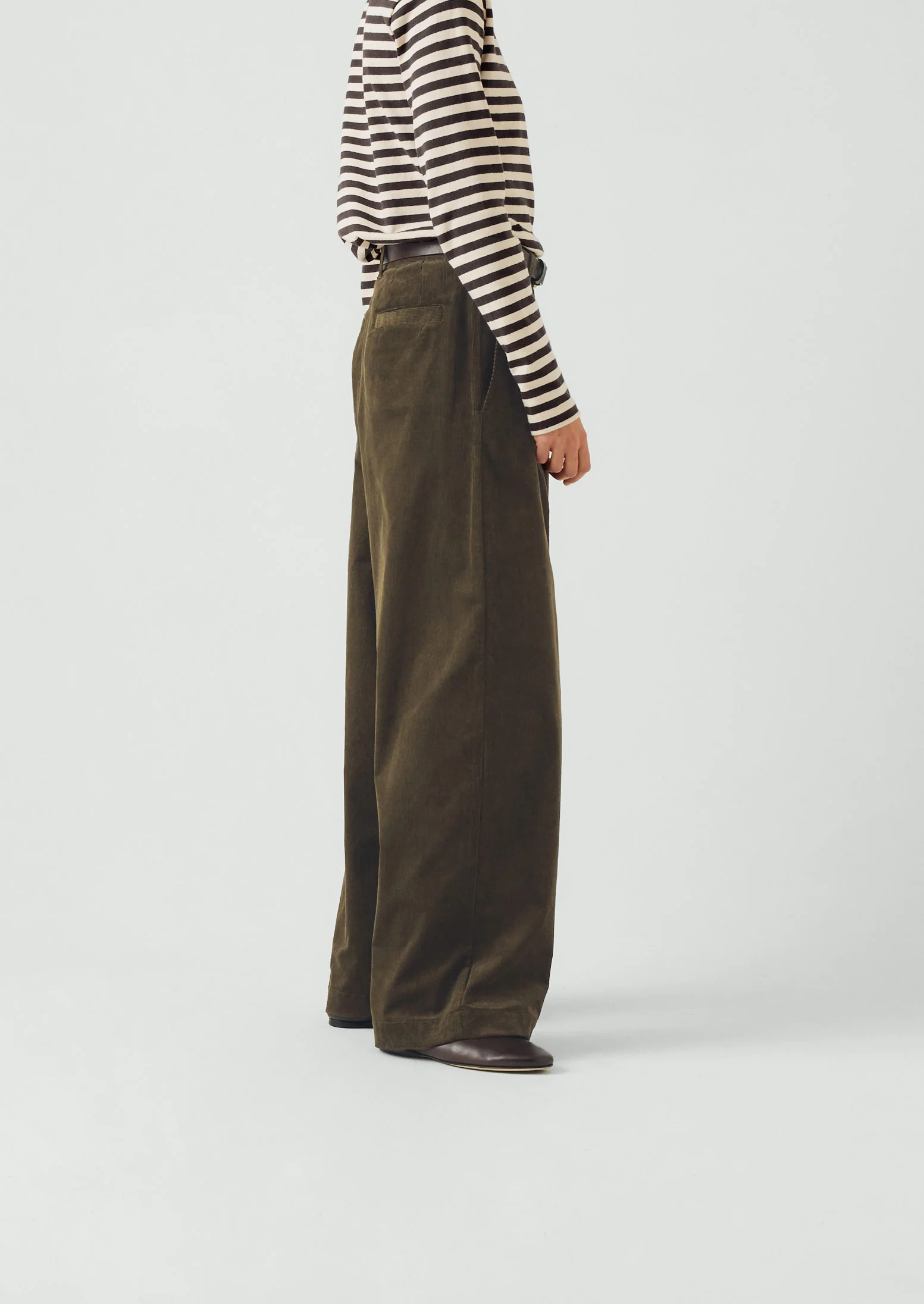 Organic Cord Box Pleat Trousers | Tent Green - Image 4