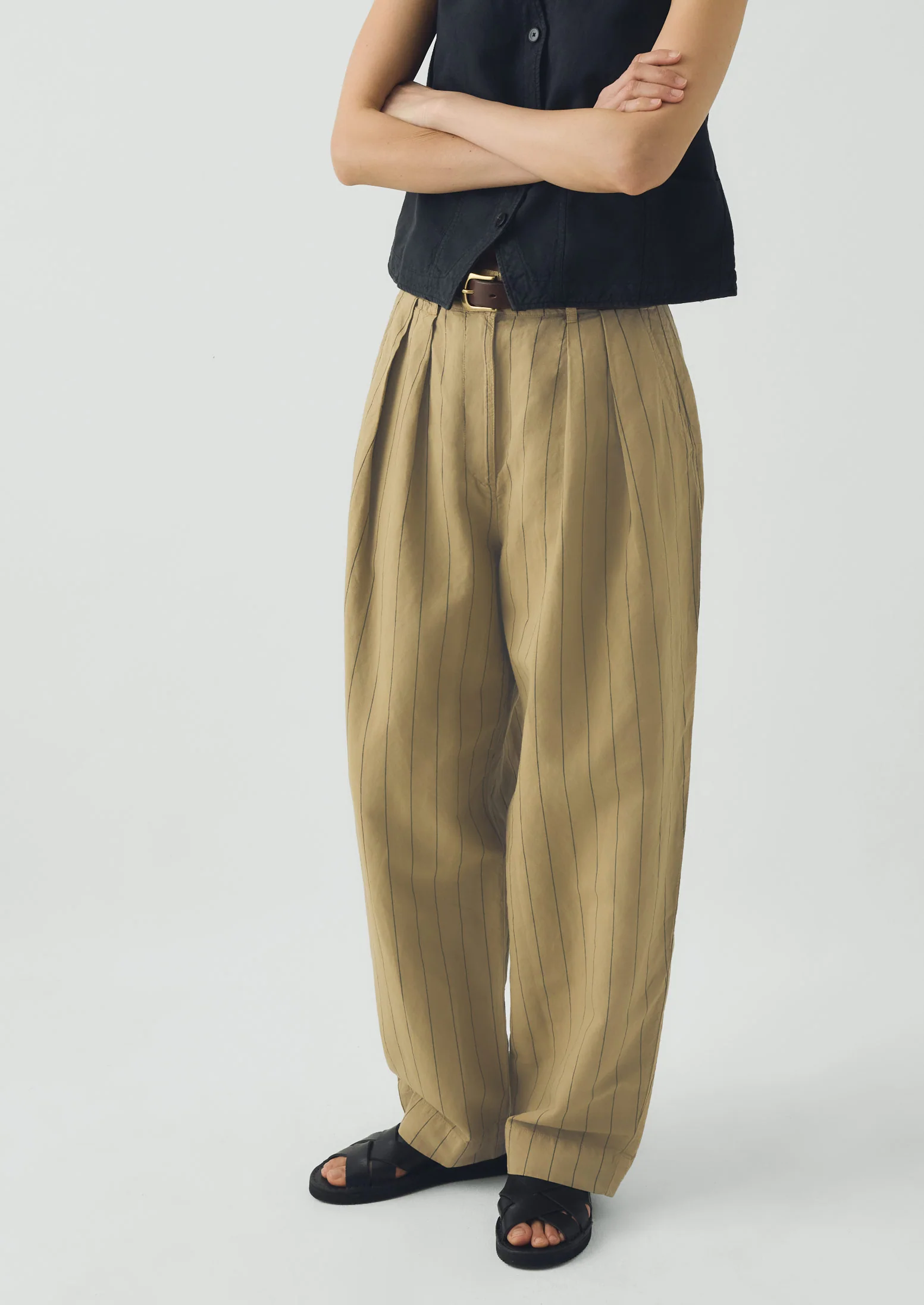 Pleat Front Stripe Cotton Linen Trousers | Fennel Seed - Image 3