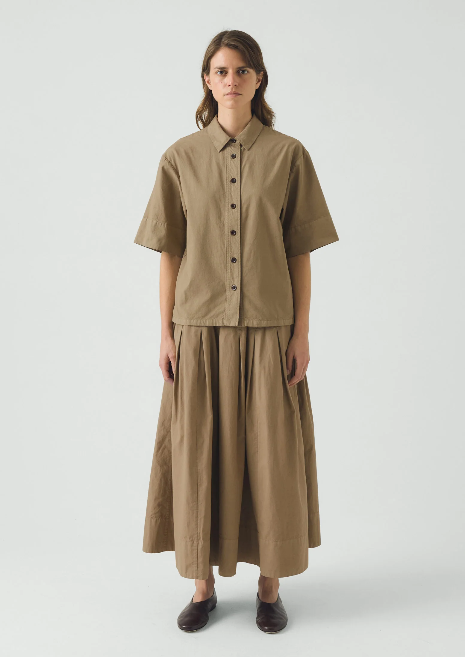Pleated Cotton Linen Poplin Skirt | Ash Brown - Image 5