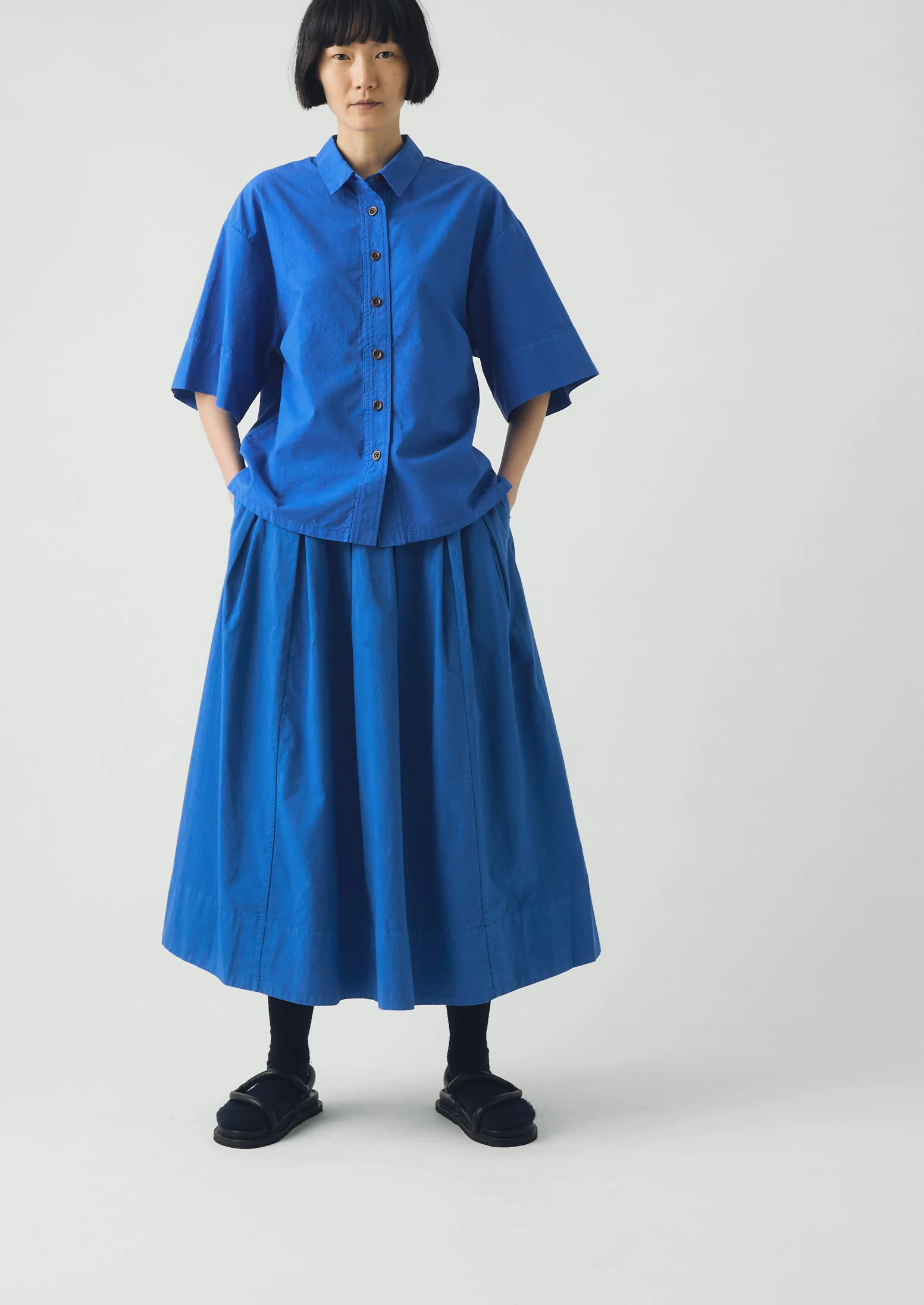 Pleated Cotton Linen Poplin Skirt | Enamel Blue - Image 3