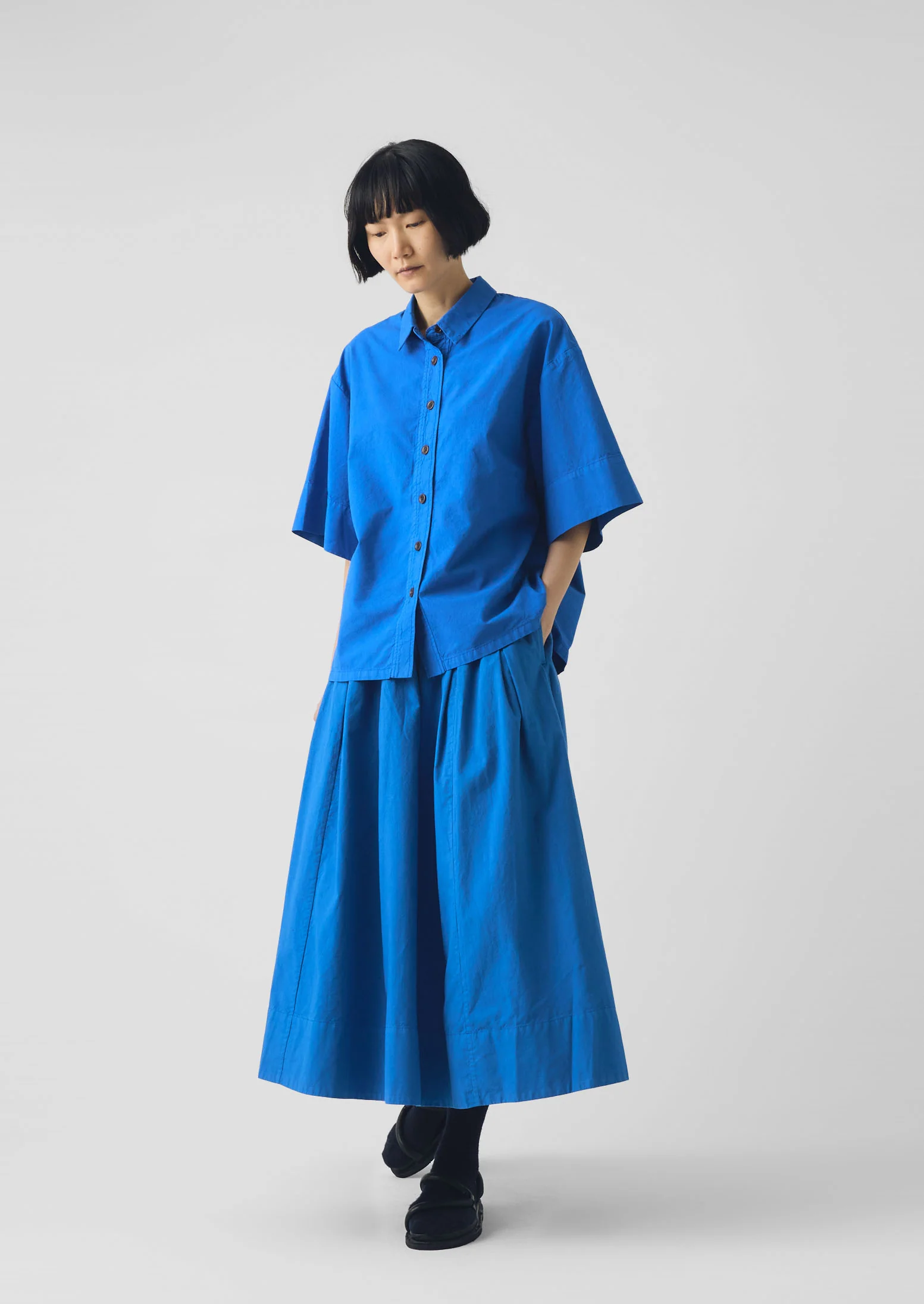 Pleated Cotton Linen Poplin Skirt | Enamel Blue - Image 5