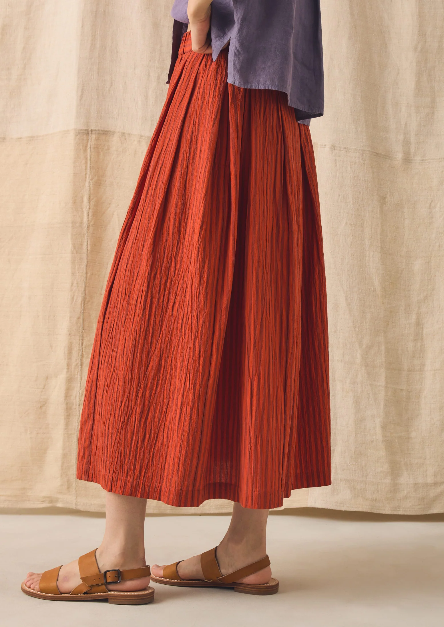 Pleated Cotton Stripe Skirt | Tomato - Image 2