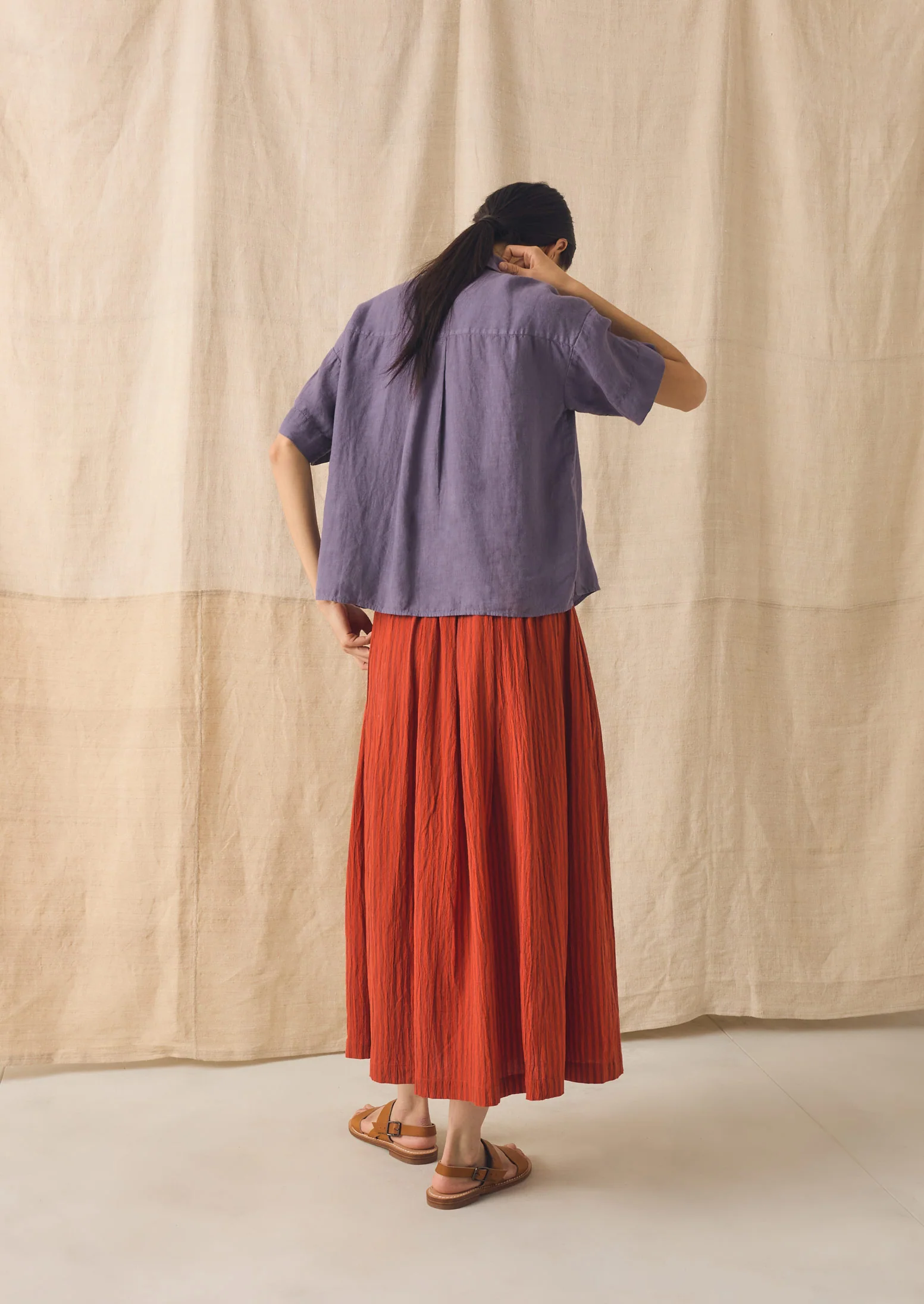 Pleated Cotton Stripe Skirt | Tomato - Image 3