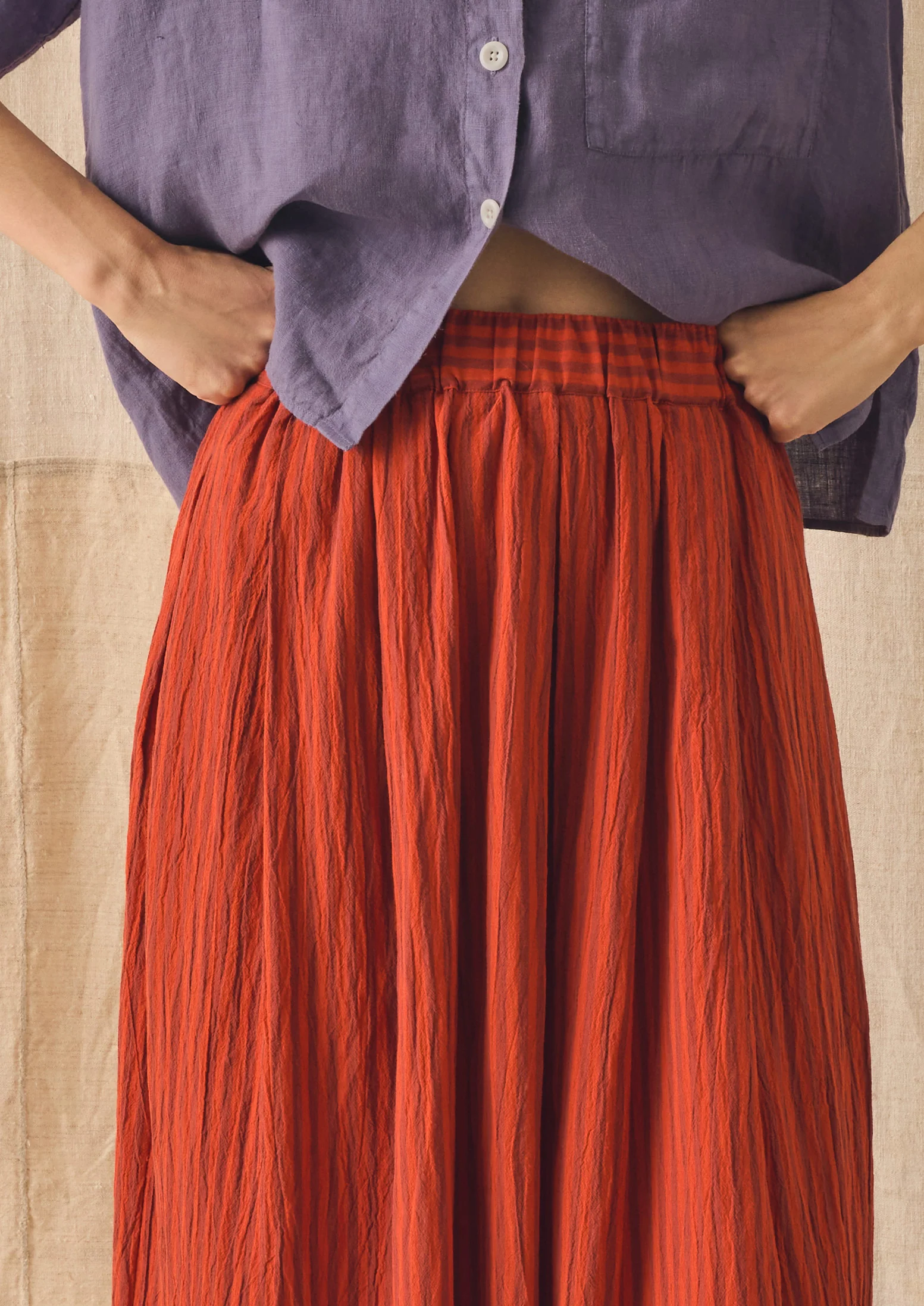 Pleated Cotton Stripe Skirt | Tomato - Image 5