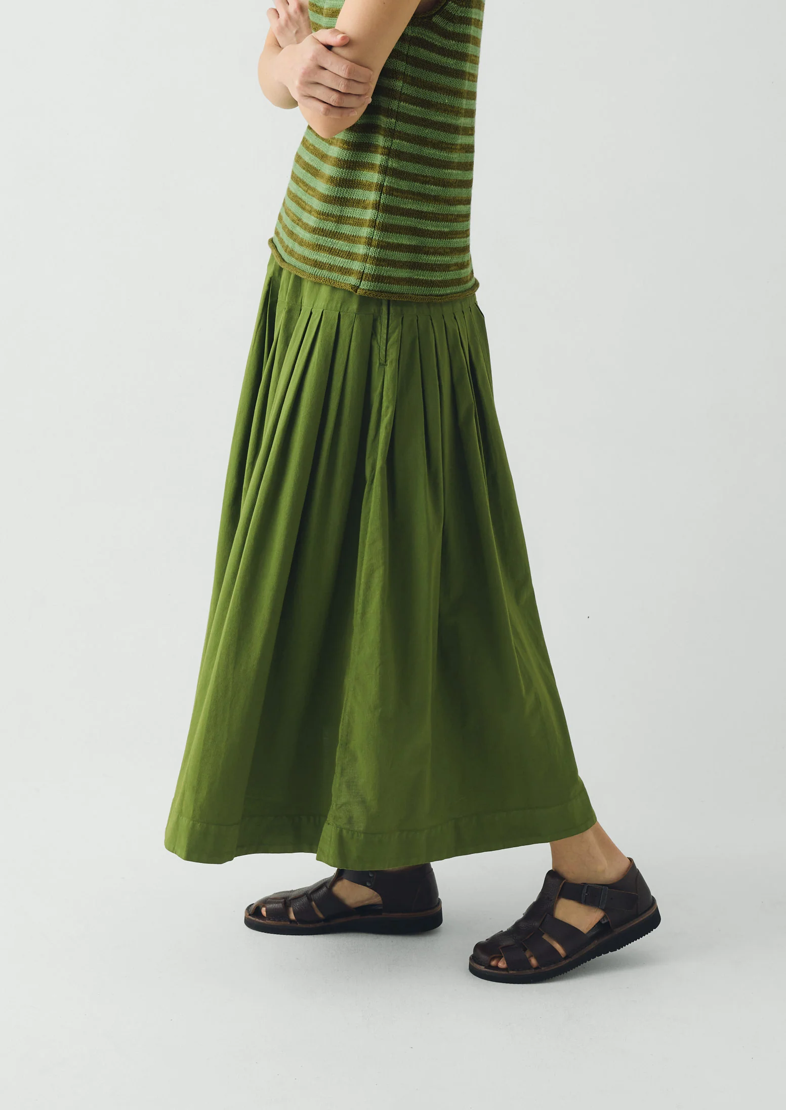 Pleated Raised Stripe Cotton Skirt | Cedar Green - Image 4