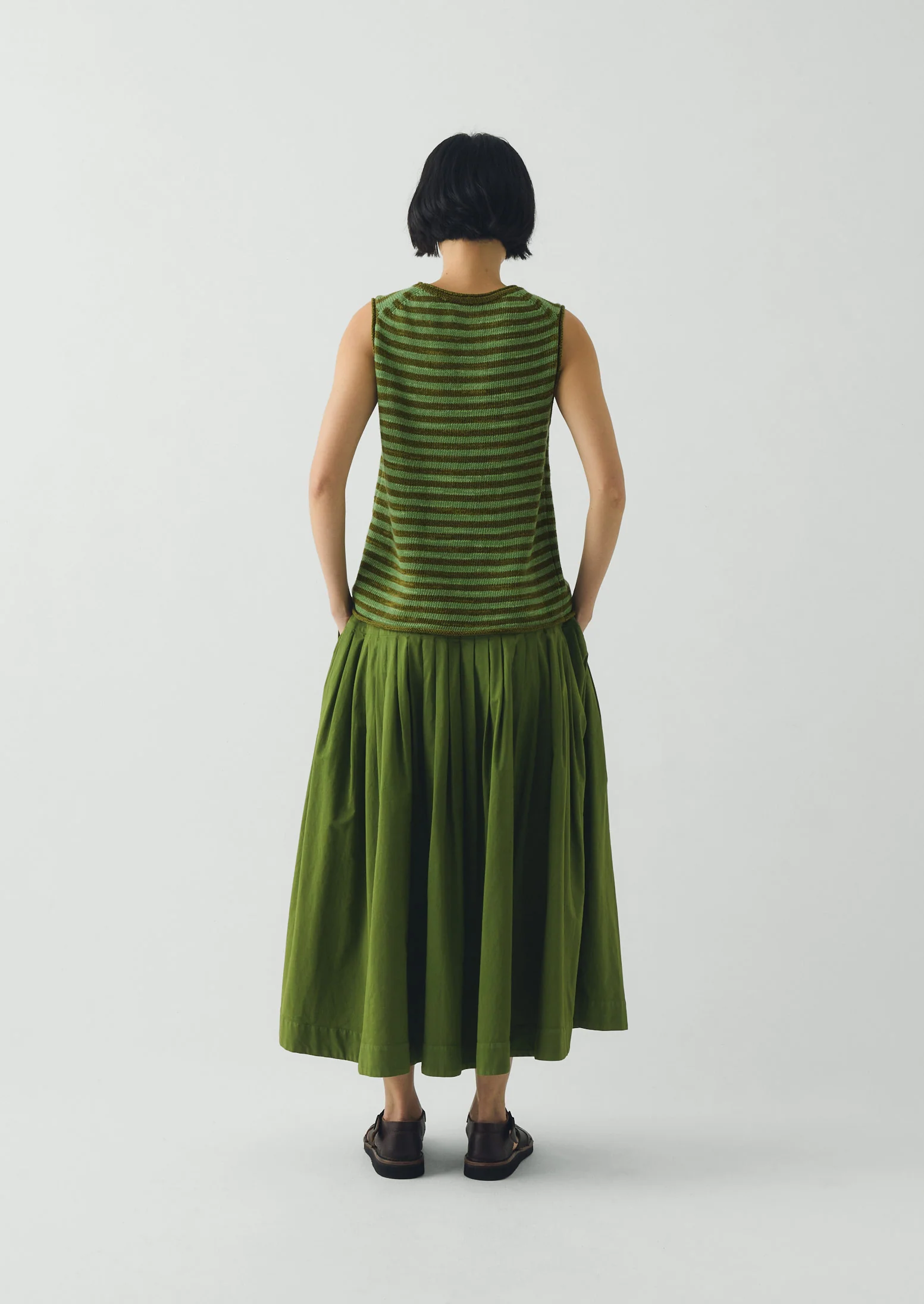 Pleated Raised Stripe Cotton Skirt | Cedar Green - Image 5