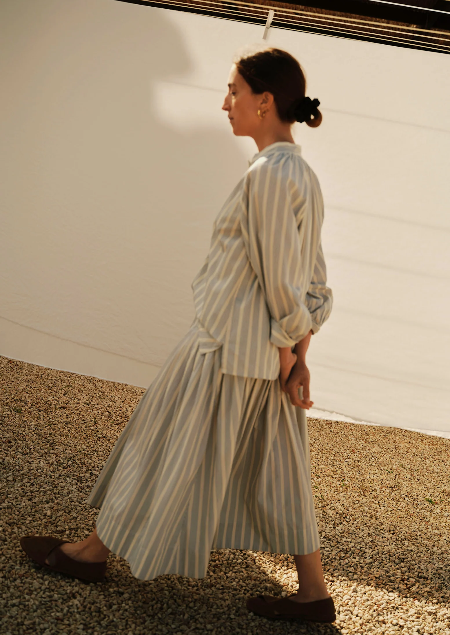 Pleated Stripe Cotton Skirt | Ecru/Blue - Image 2