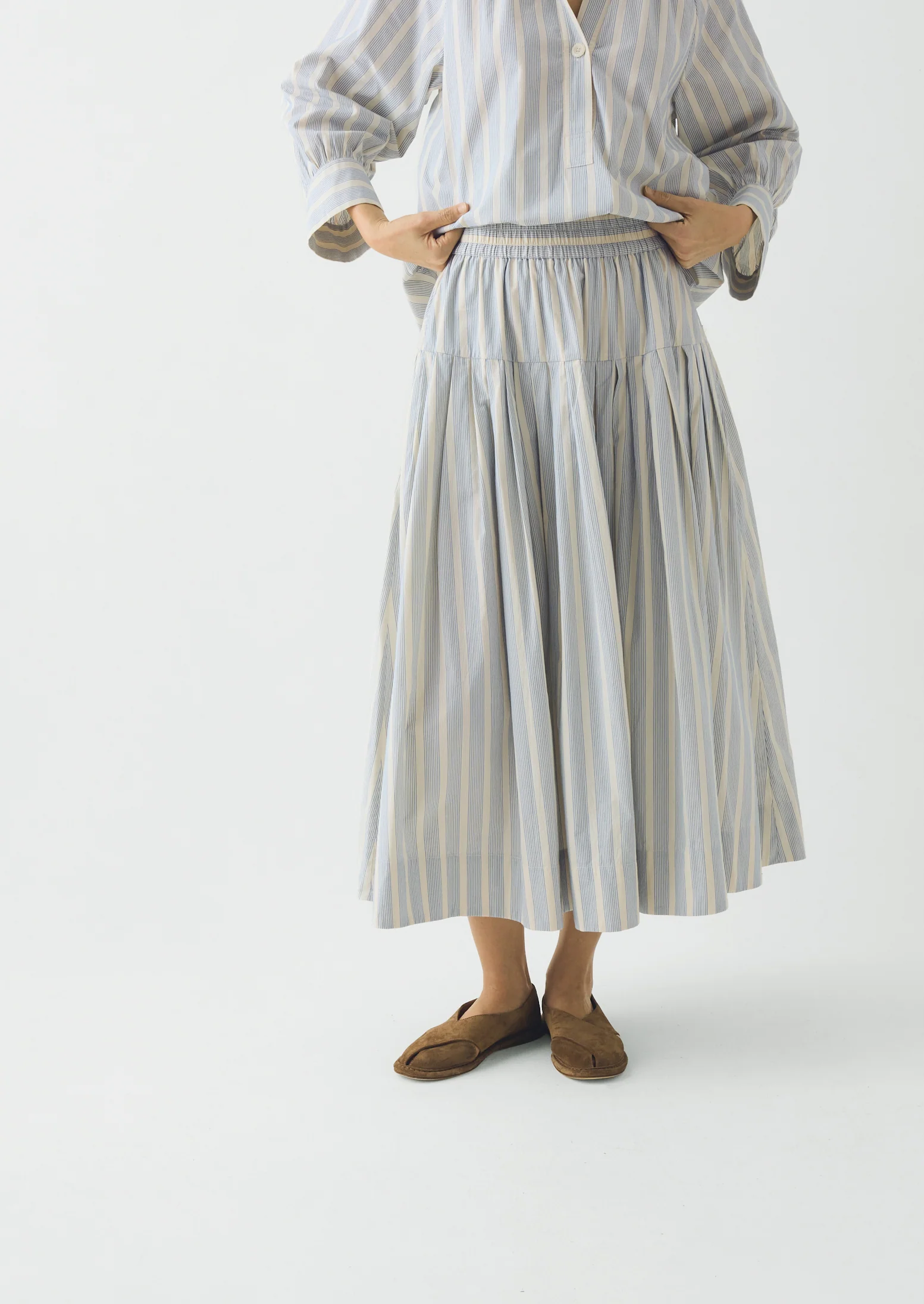 Pleated Stripe Cotton Skirt | Ecru/Blue - Image 3
