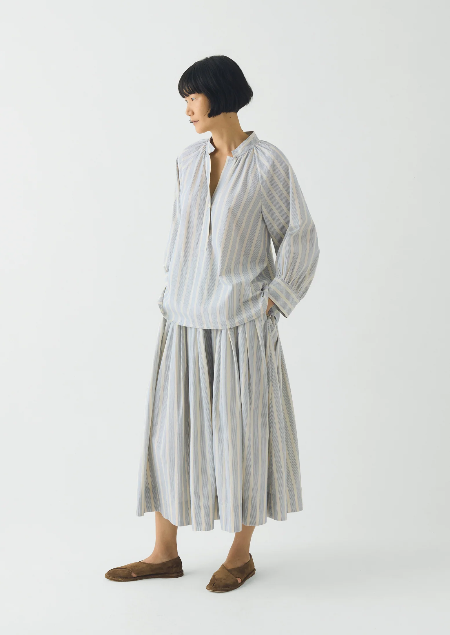 Pleated Stripe Cotton Skirt | Ecru/Blue - Image 4