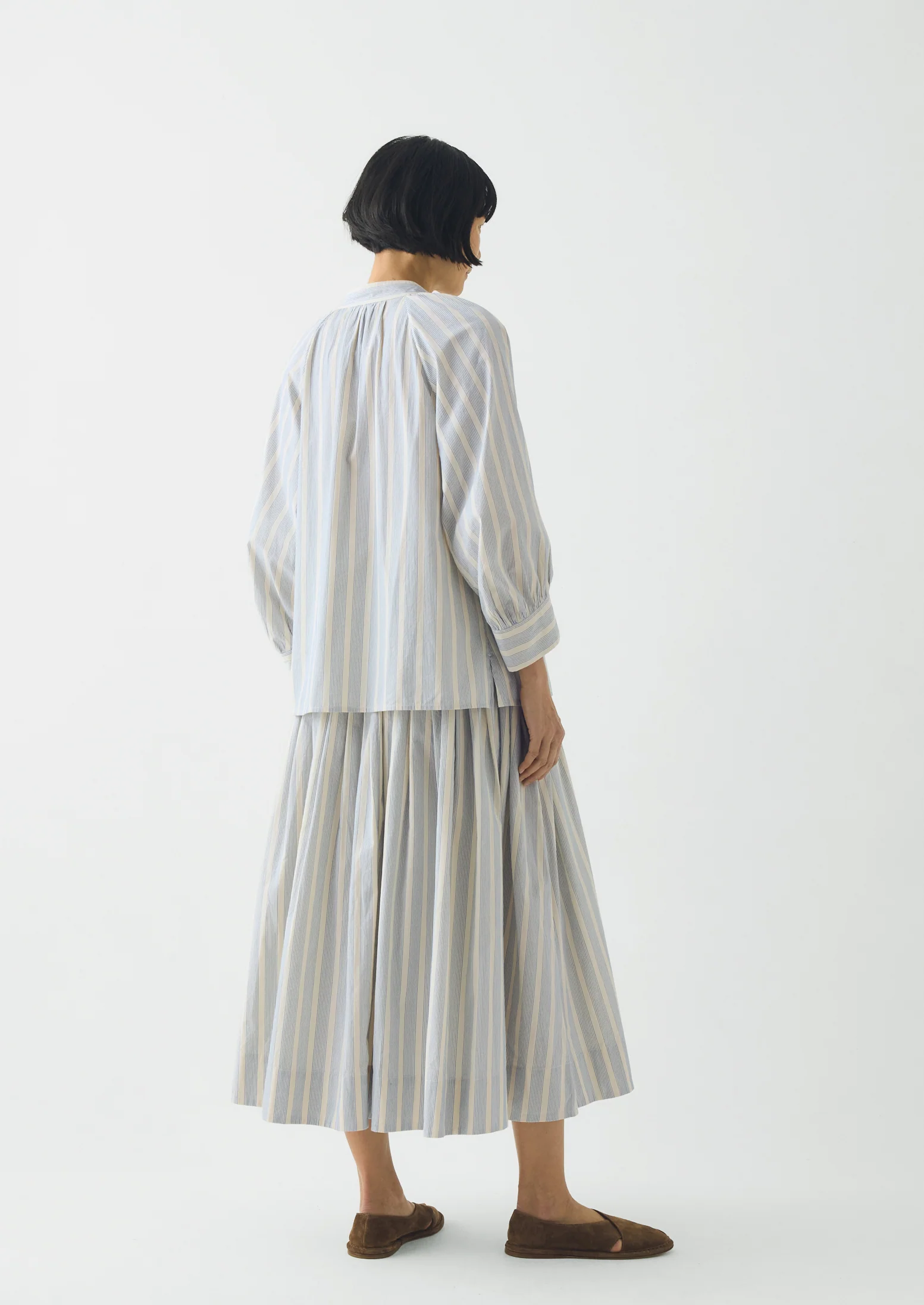 Pleated Stripe Cotton Skirt | Ecru/Blue - Image 6