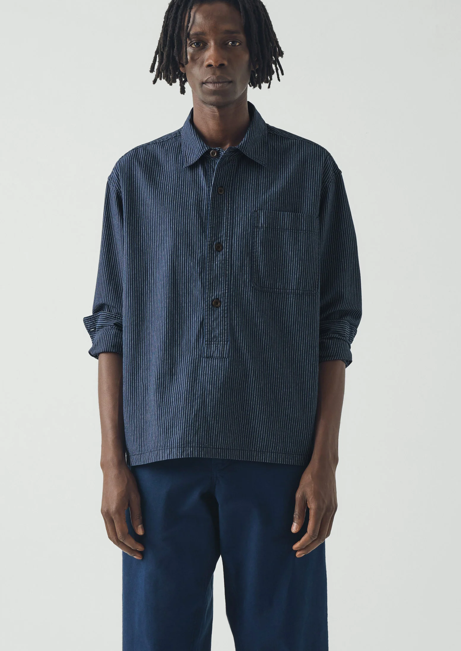 Railroad Stripe Cotton Shirt | Denim Blue - Image 2