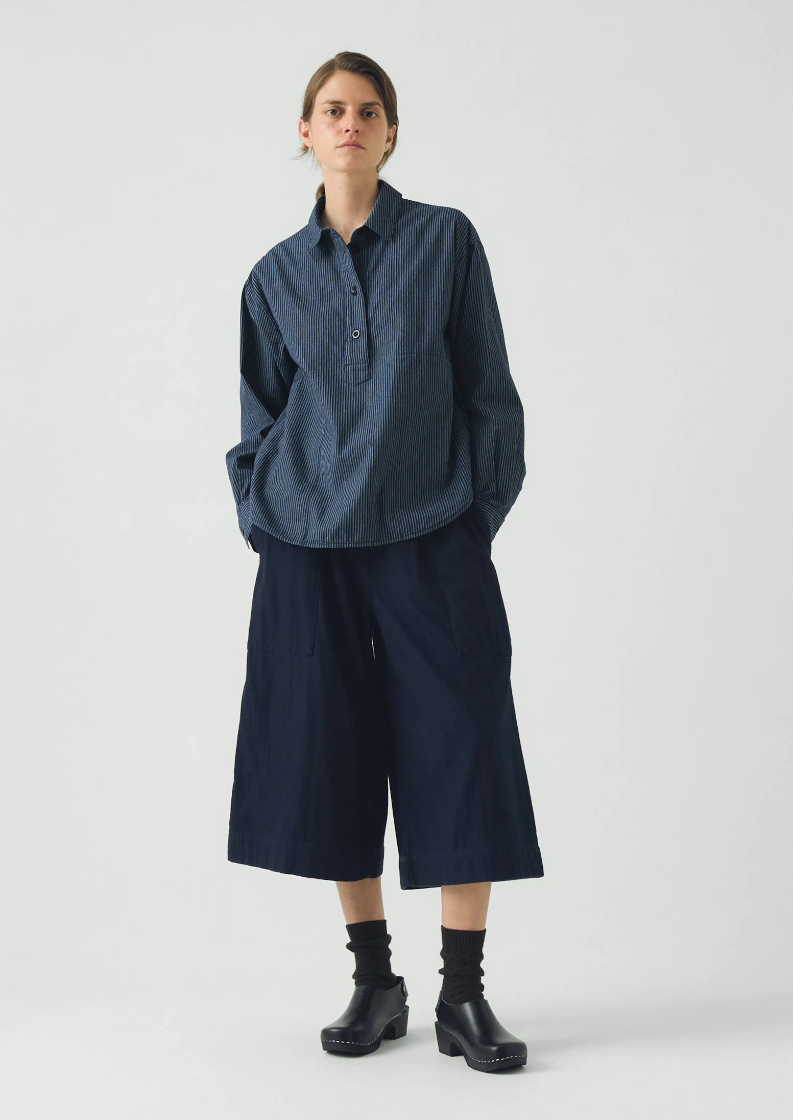 Railroad Stripe Cotton Smock Popover Shirt | Denim Blue - Image 3