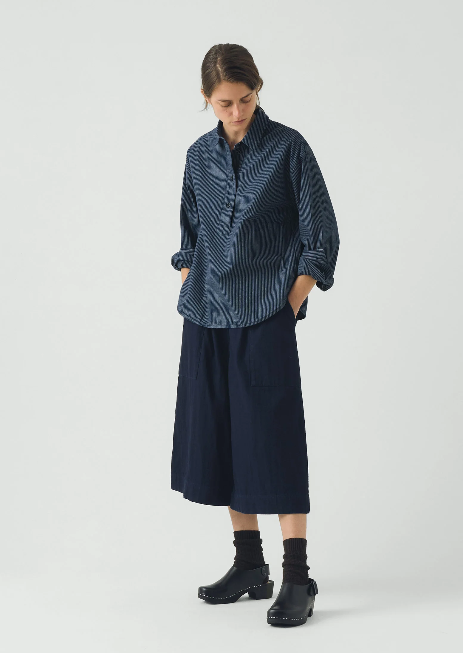 Railroad Stripe Cotton Smock Popover Shirt | Denim Blue - Image 6
