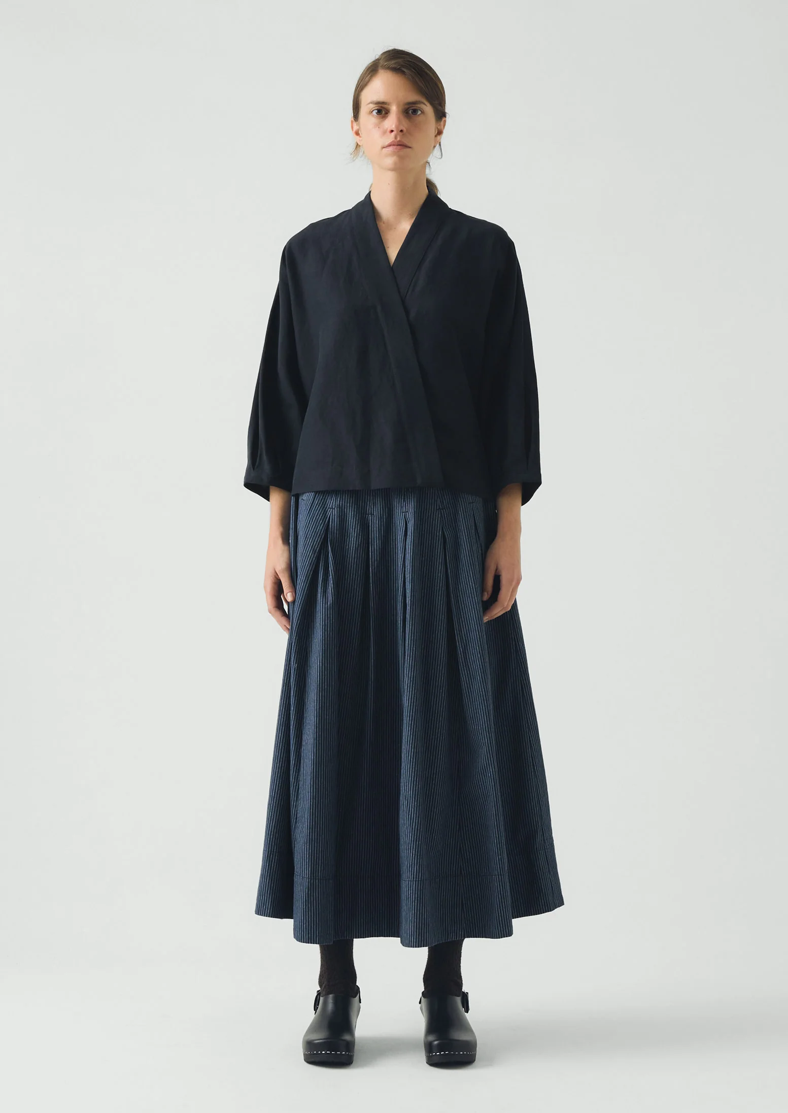 Railroad Stripe Pleated Cotton Skirt | Denim Blue - Image 4
