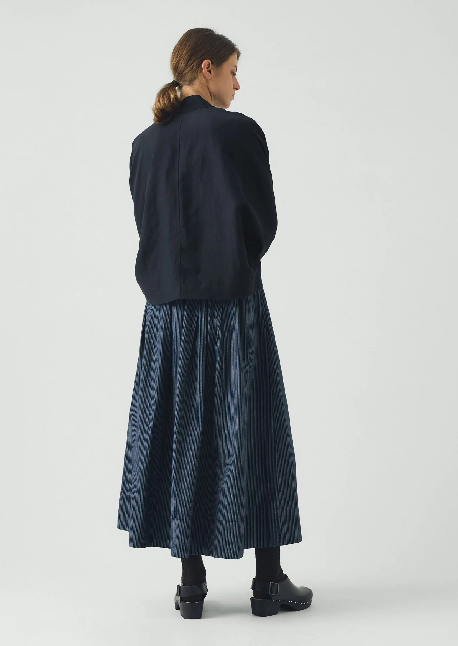 Railroad Stripe Pleated Cotton Skirt | Denim Blue - Image 5