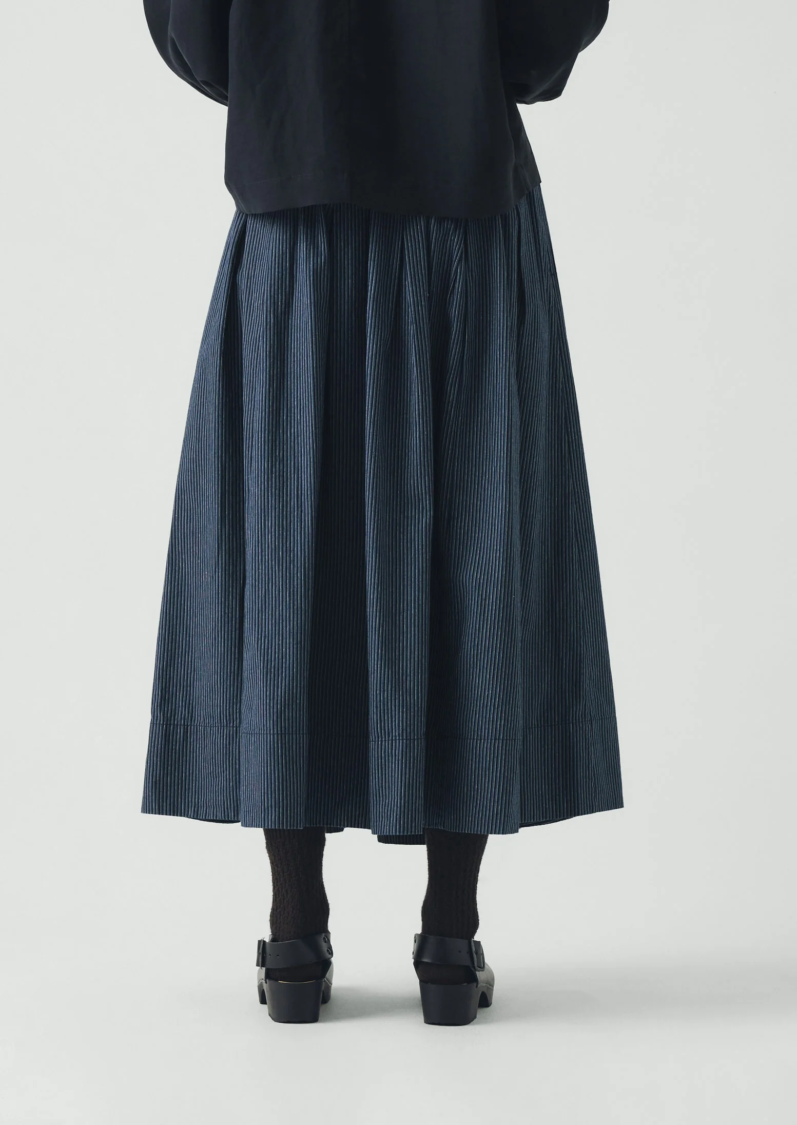 Railroad Stripe Pleated Cotton Skirt | Denim Blue - Image 6