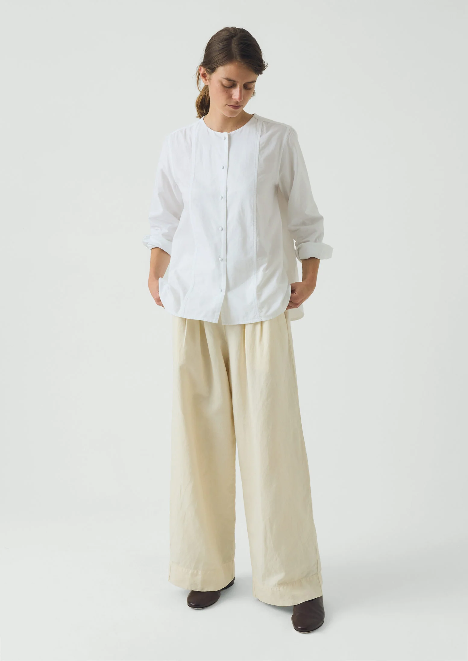 Round Neck Cotton Oxford Shirt | Paper White - Image 3