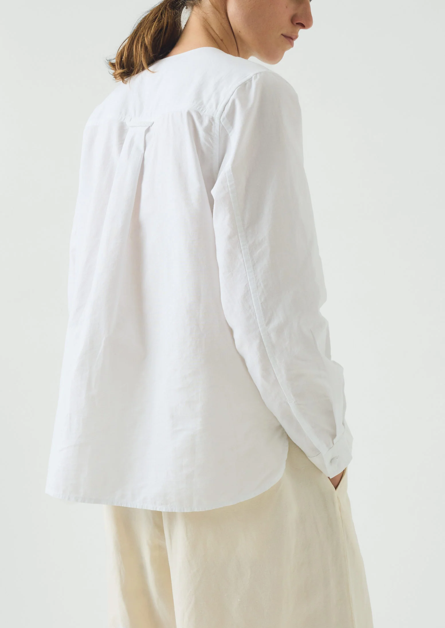 Round Neck Cotton Oxford Shirt | Paper White - Image 8