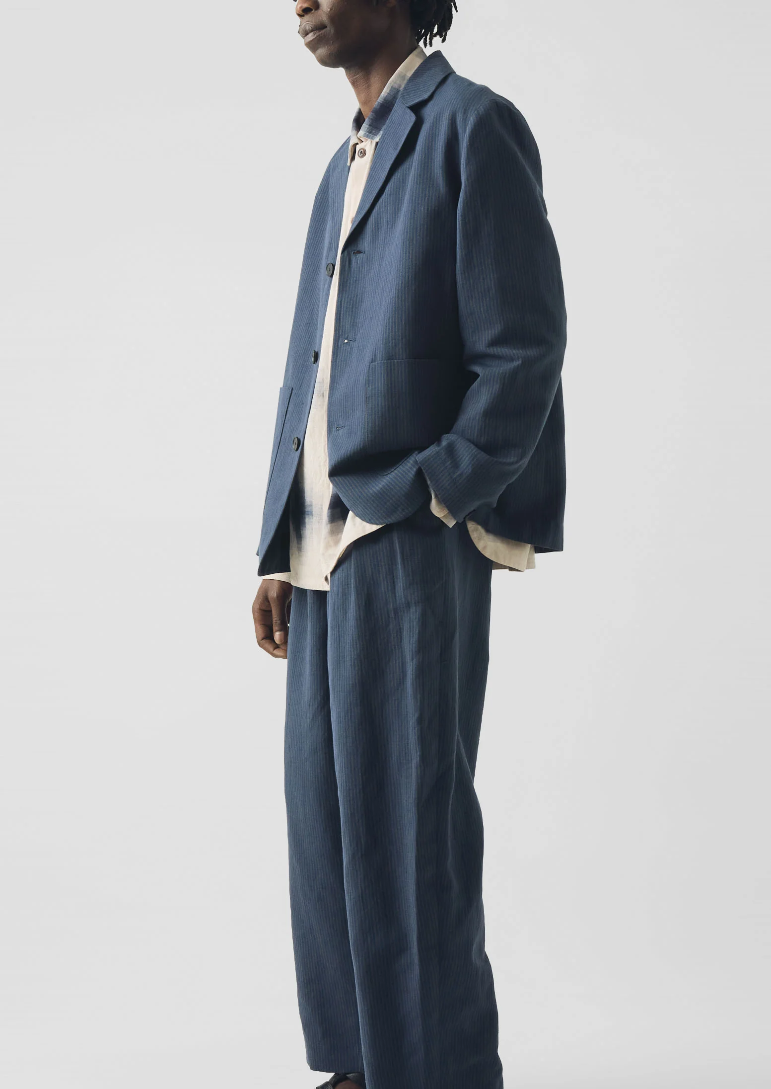 Running Stitch Cotton Linen Blazer | Navy/Fawn - Image 3