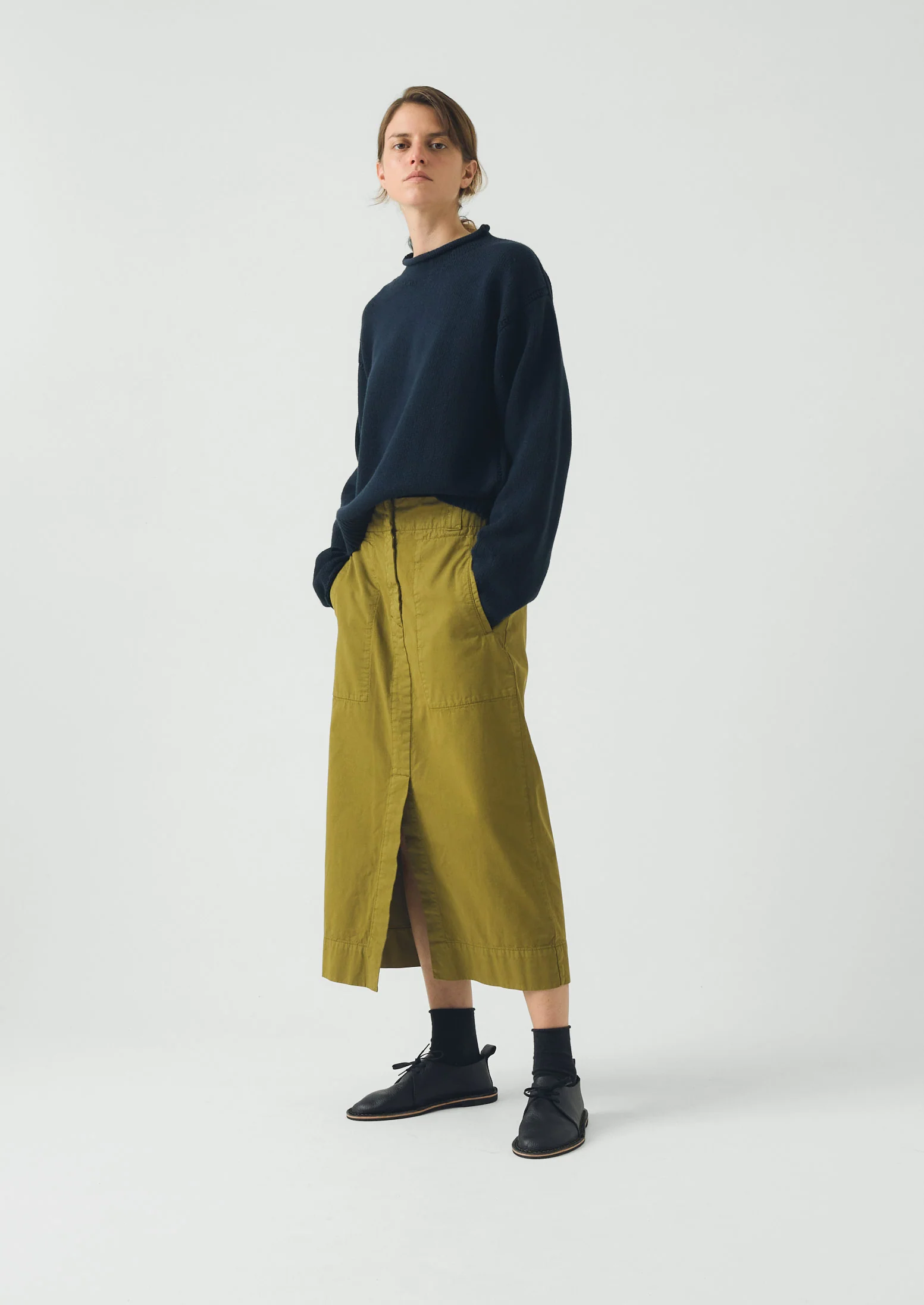 Straight Cotton Twill Skirt | Warm Olive - Image 4