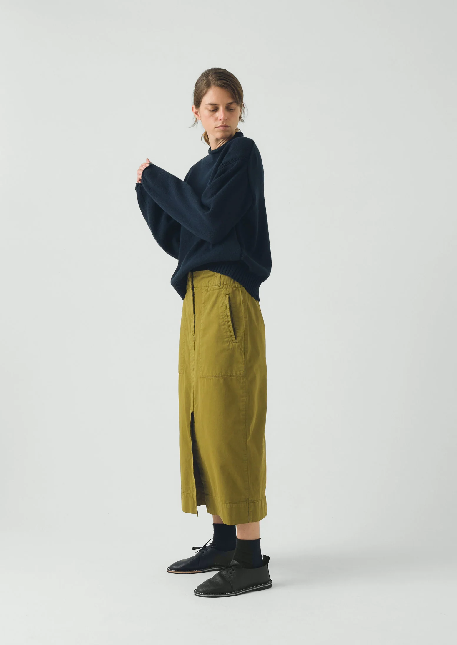Straight Cotton Twill Skirt | Warm Olive - Image 6