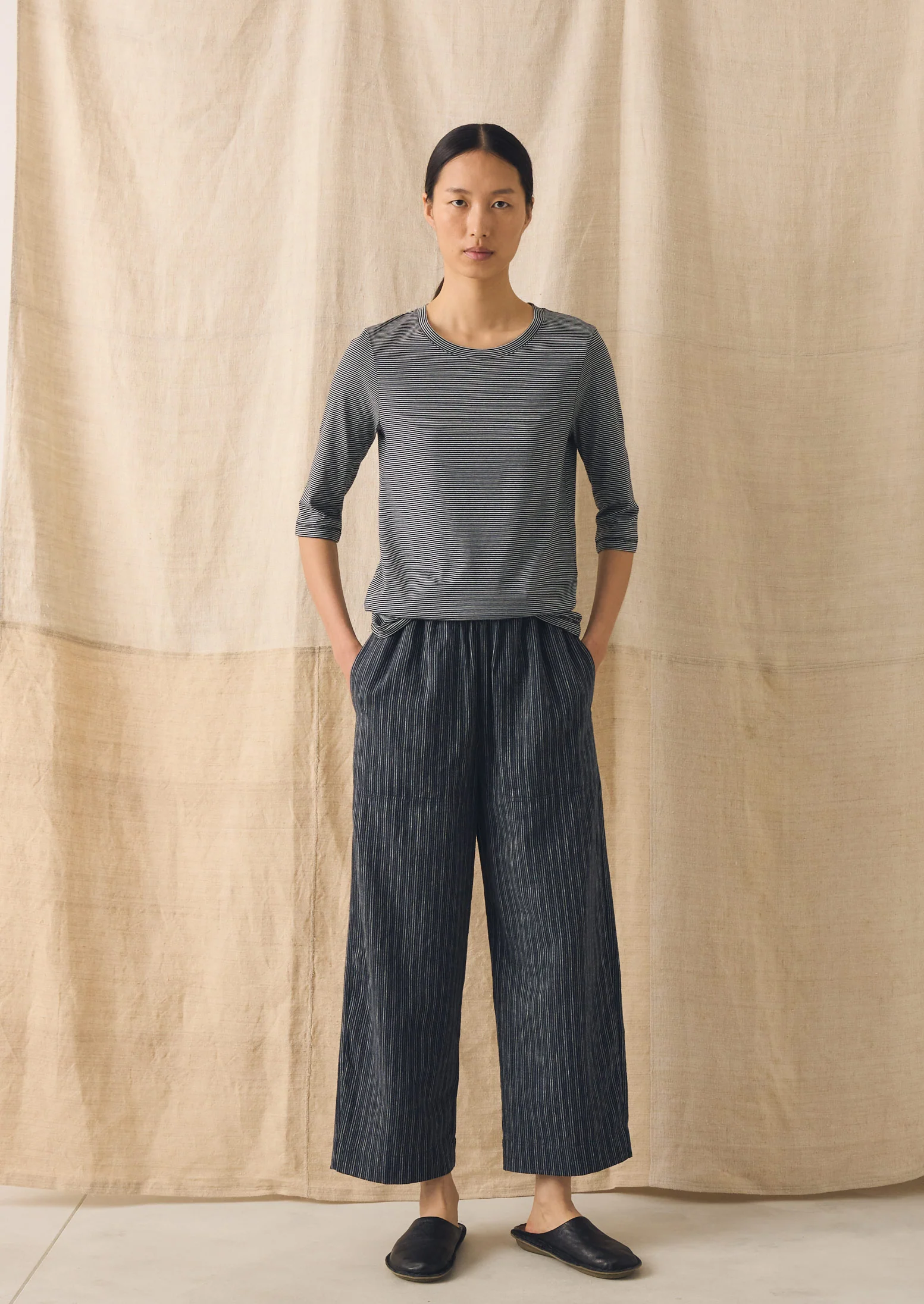 Stripe Linen Cotton Barrel Leg Trousers | Shadow Blue/Black - Image 3