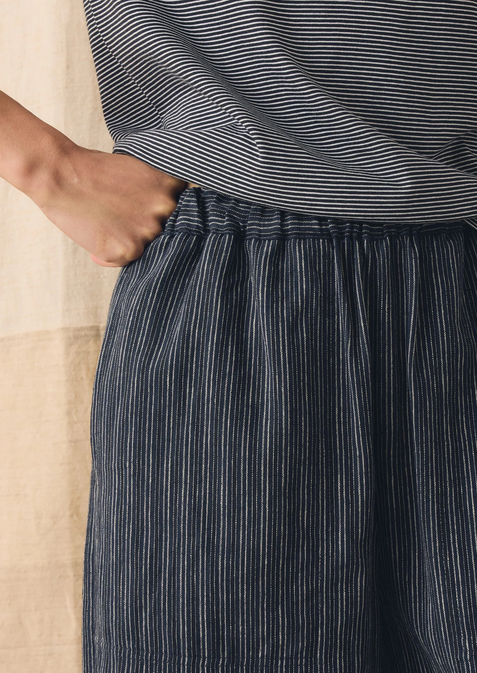 Stripe Linen Cotton Barrel Leg Trousers | Shadow Blue/Black - Image 4