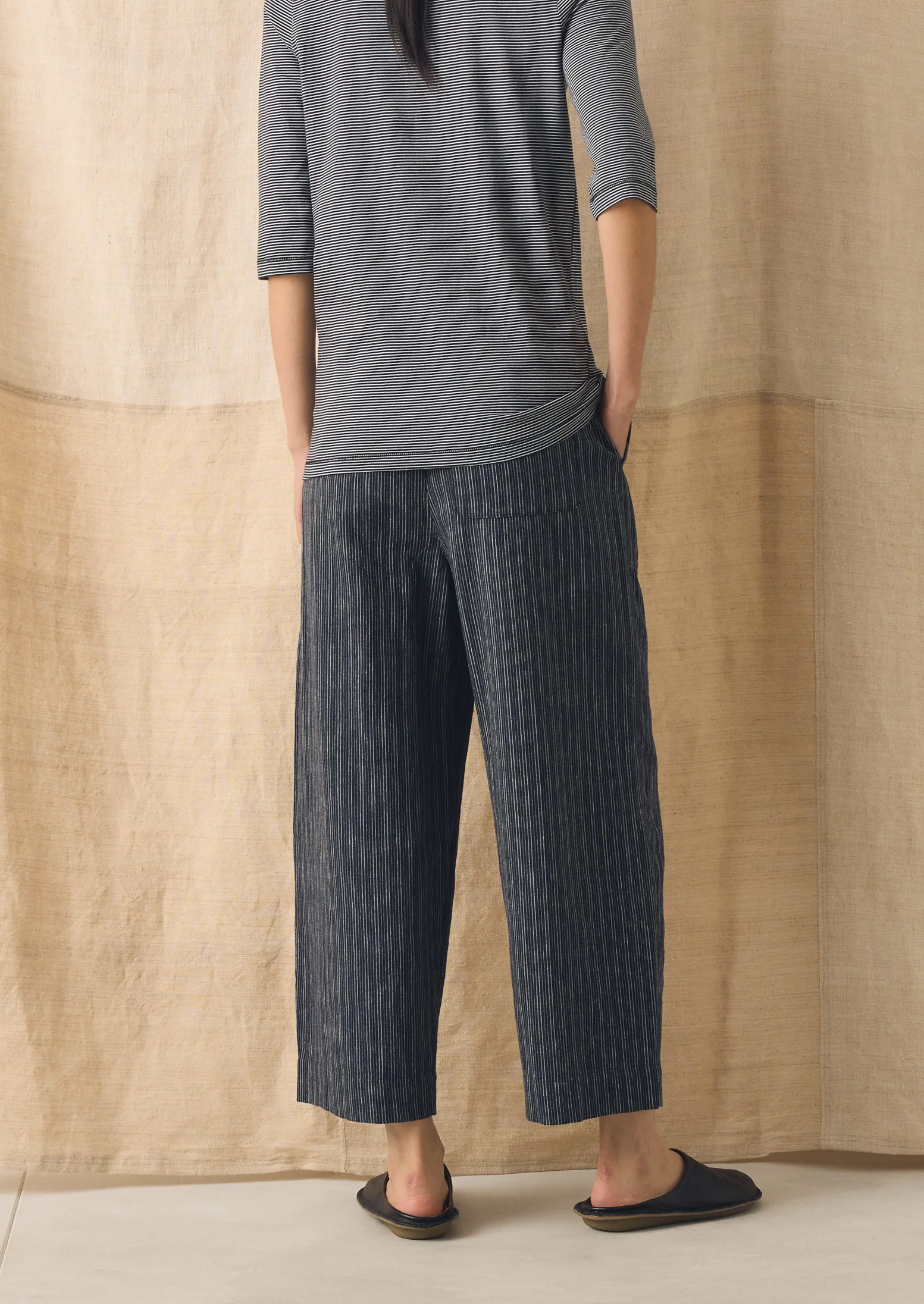 Stripe Linen Cotton Barrel Leg Trousers | Shadow Blue/Black - Image 5