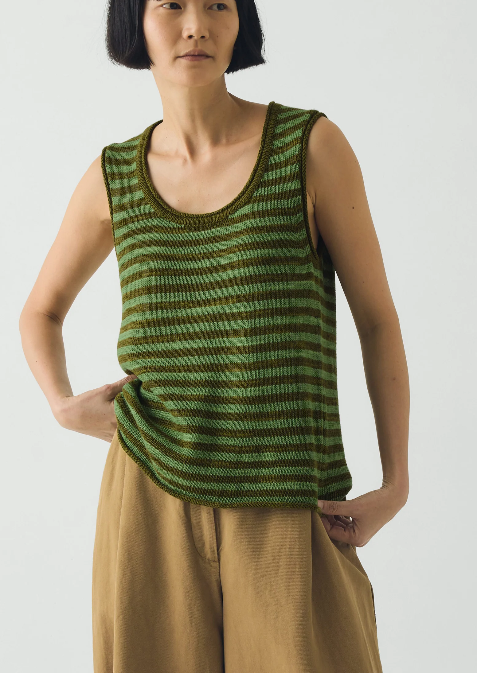 Stripe Linen Cotton Knitted Vest | Green Olive/Verde - Image 2