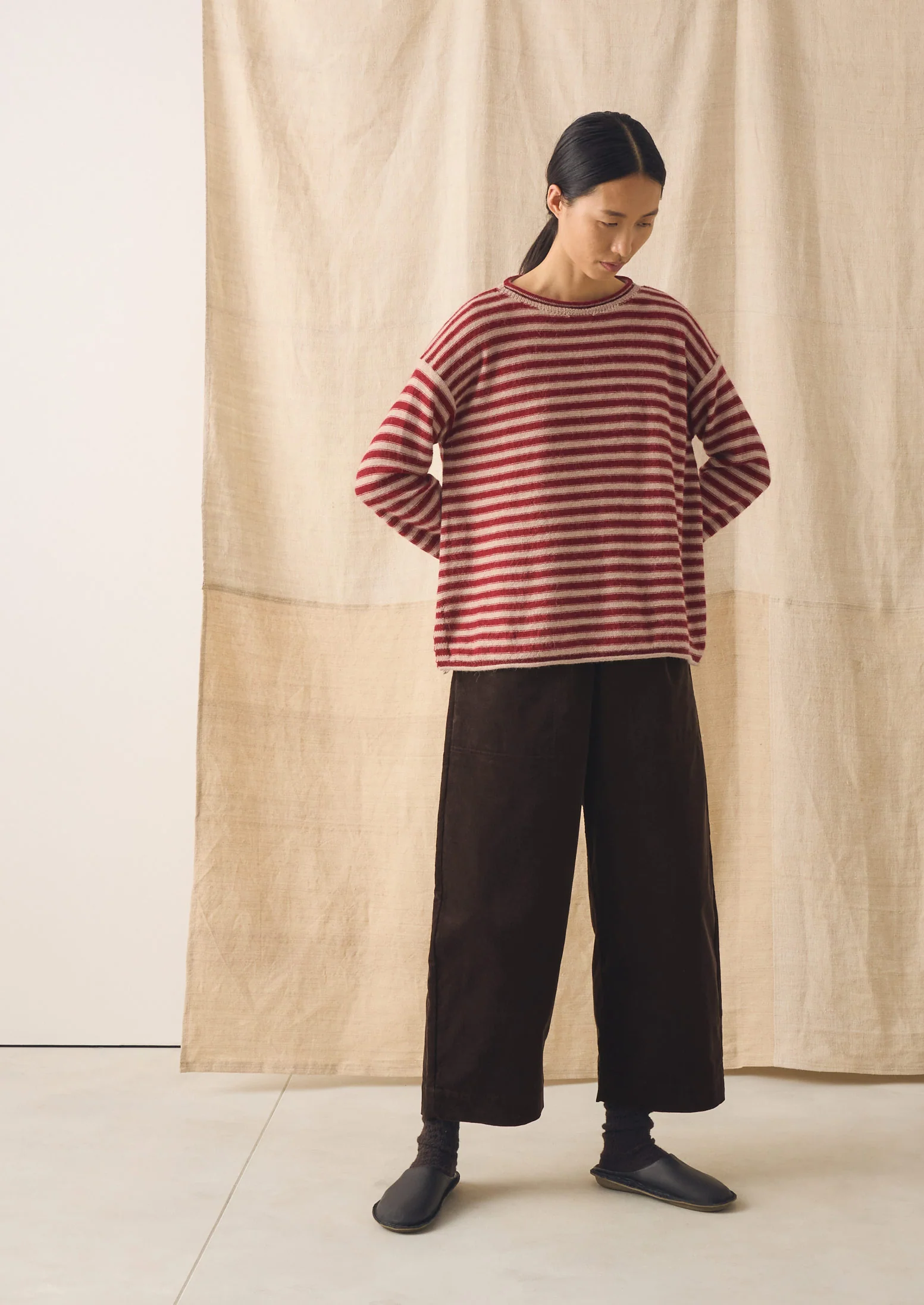Stripe Lofty Alpaca Wool Sweater | Oatmeal/Red - Image 2