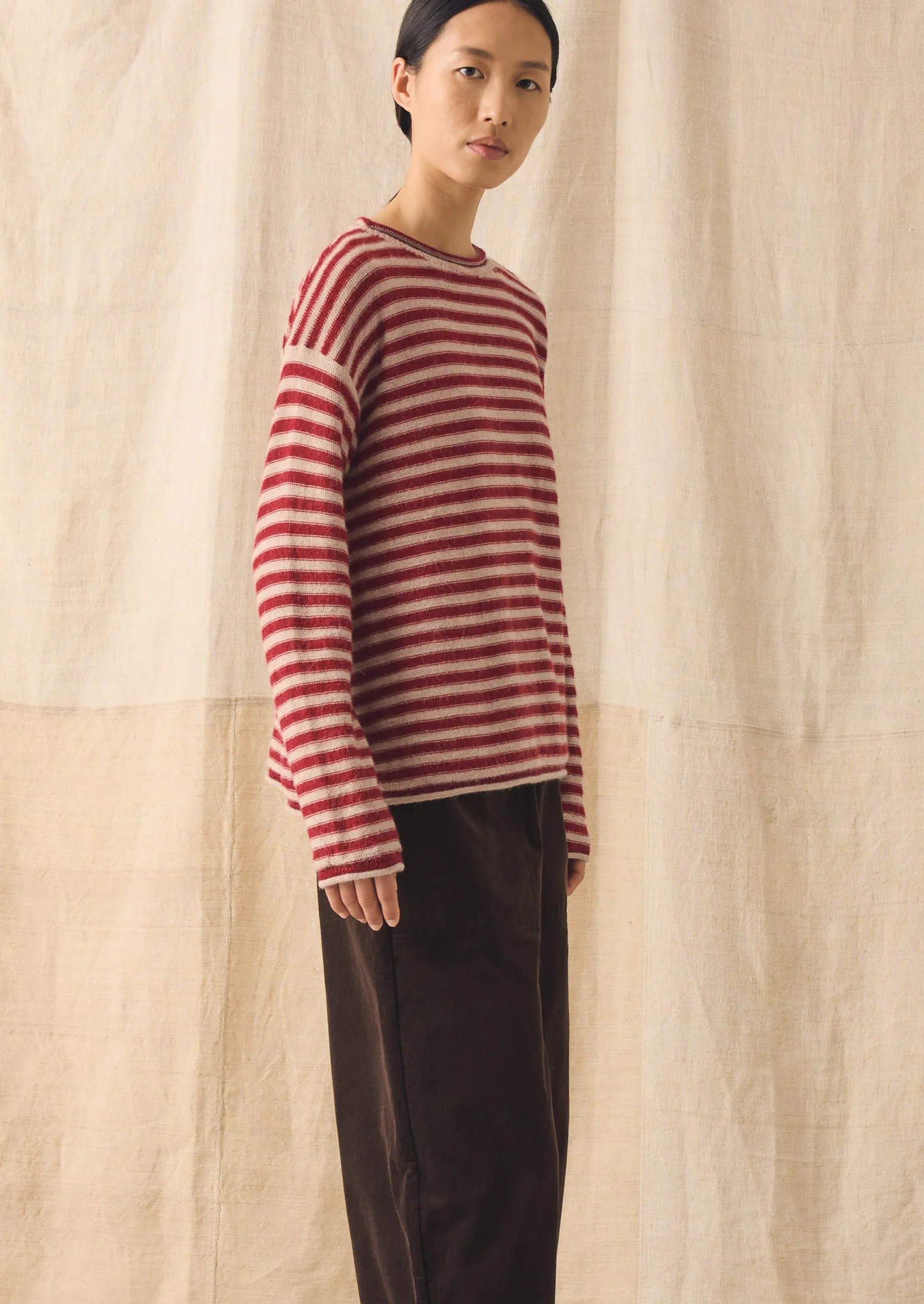 Stripe Lofty Alpaca Wool Sweater | Oatmeal/Red - Image 3