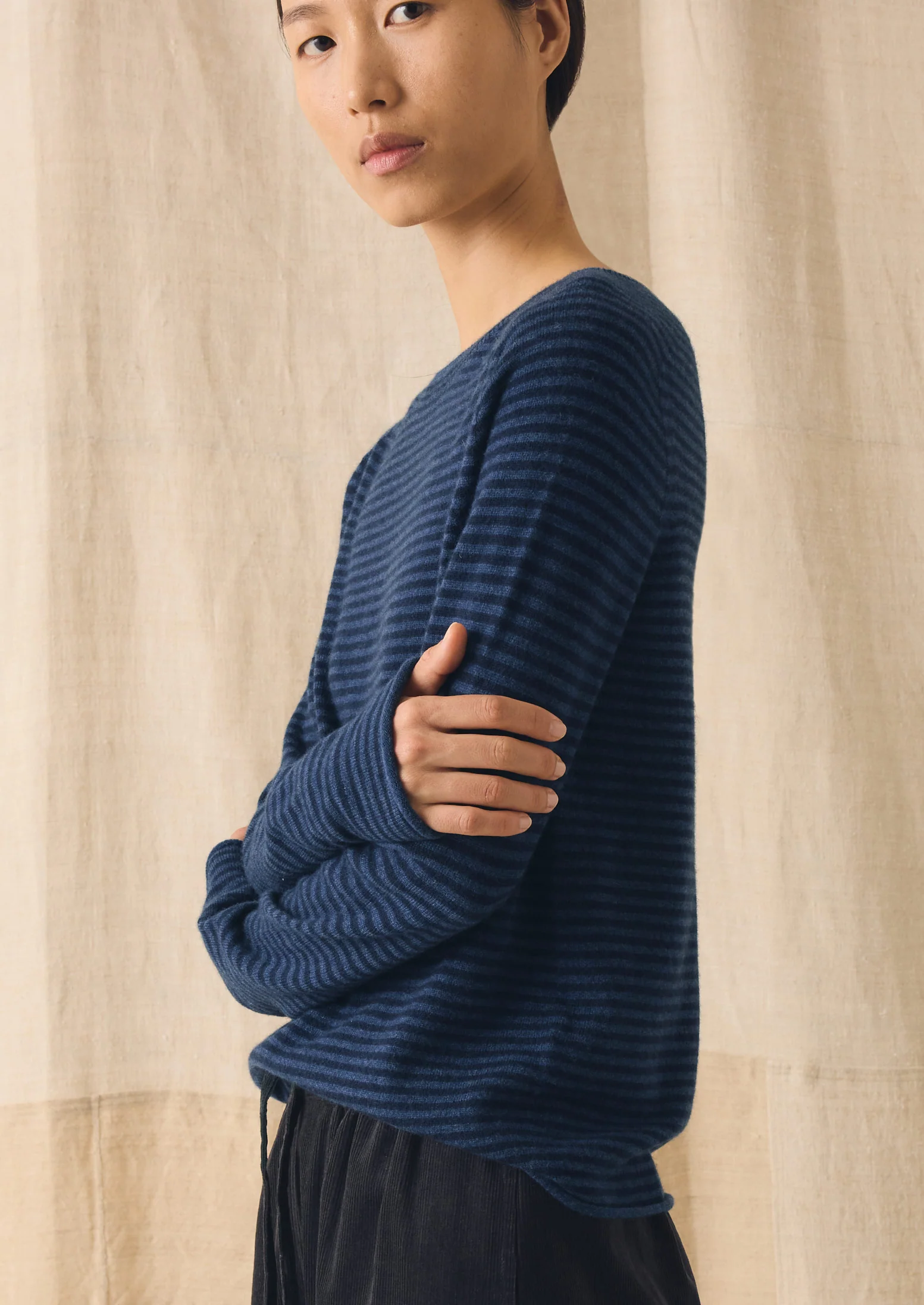 Stripe Wool Cashmere Neat Sweater | Denim Blue/Blue - Image 2