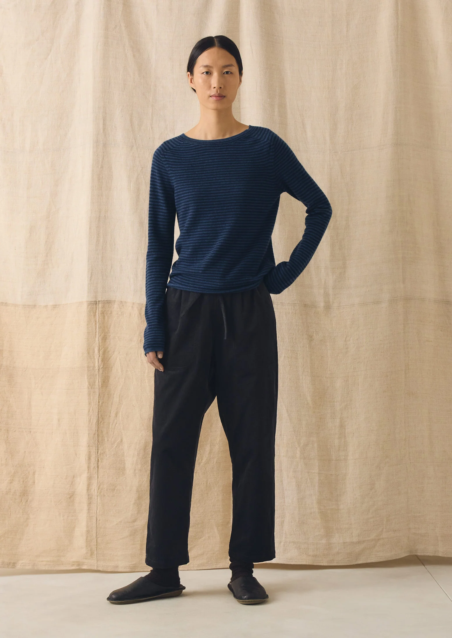 Stripe Wool Cashmere Neat Sweater | Denim Blue/Blue - Image 4