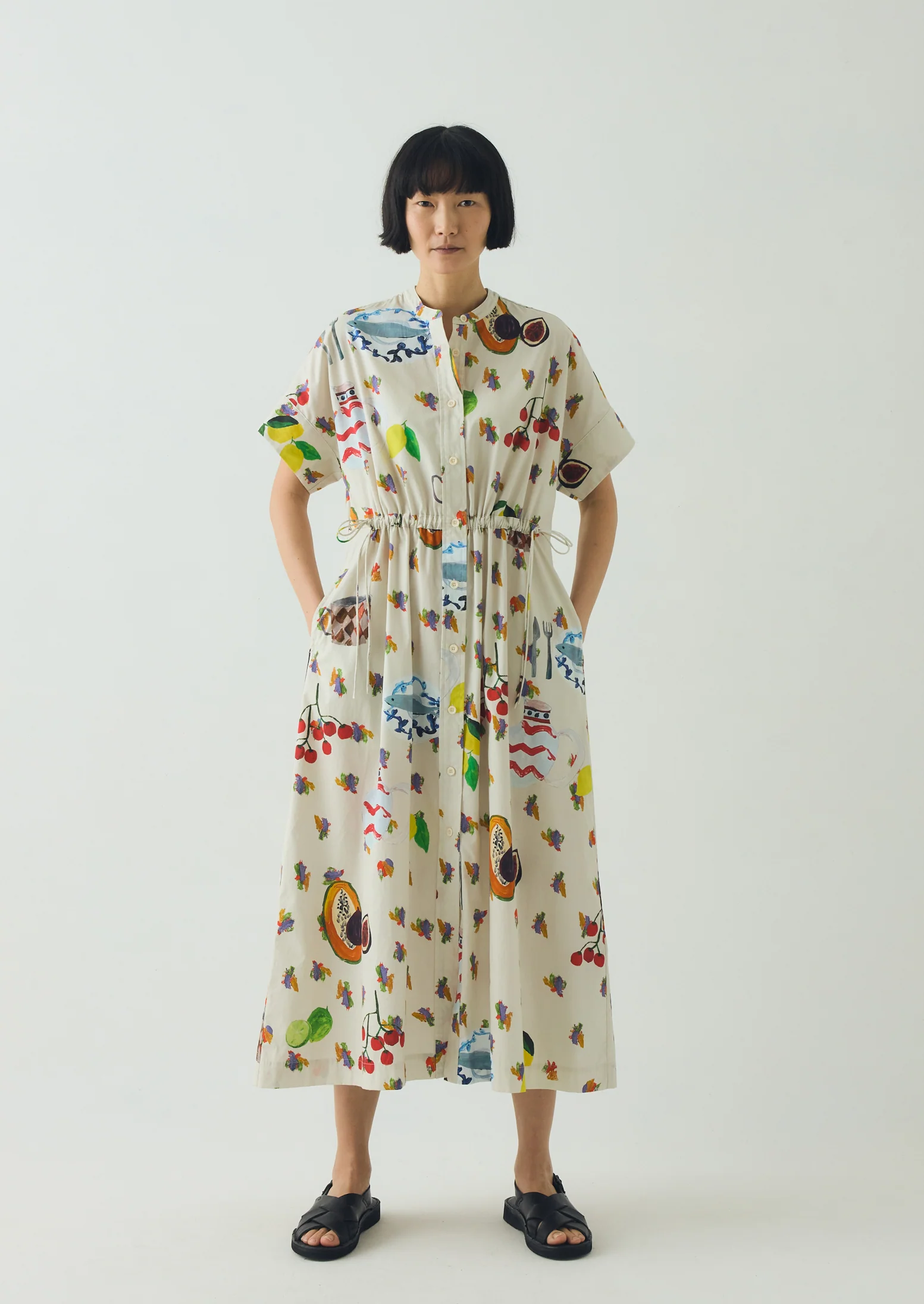 Table Setting Print Cotton Dress | Ecru Multi - Image 3