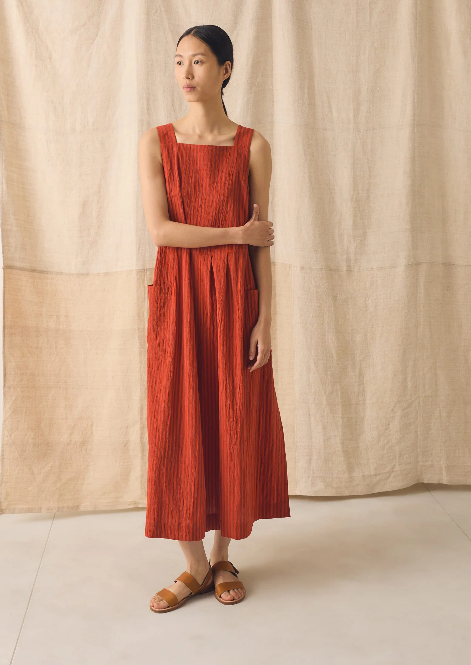 Tablier Stripe Cotton Pinafore Dress | Tomato - Image 5