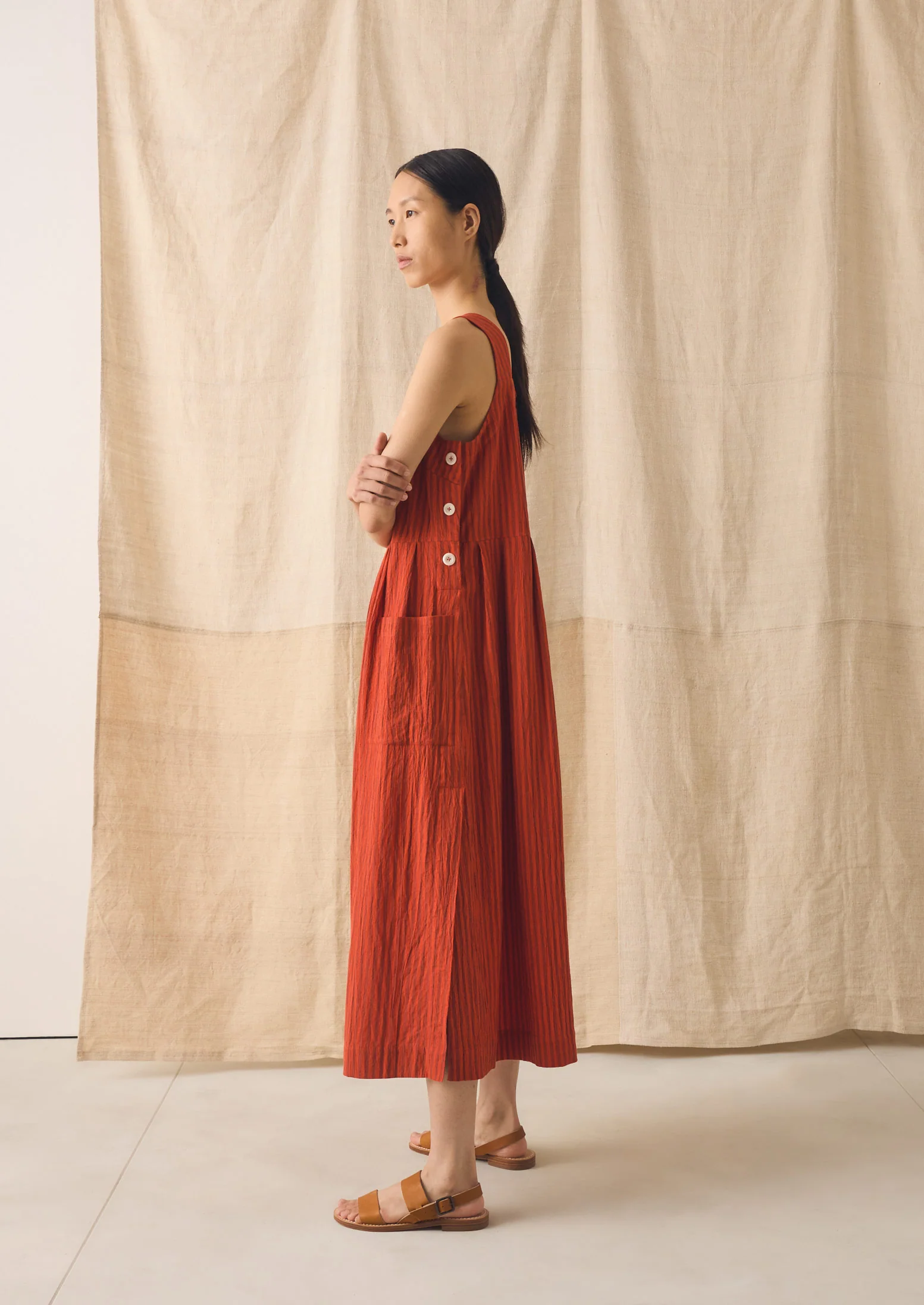 Tablier Stripe Cotton Pinafore Dress | Tomato - Image 6