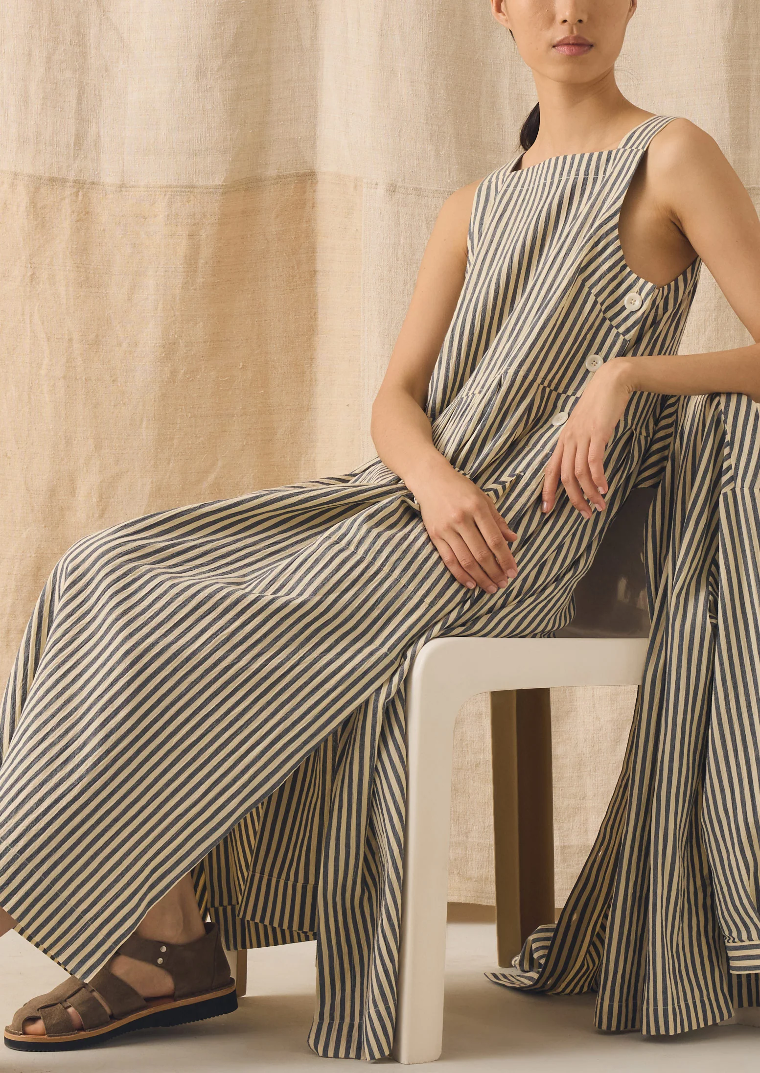 Tablier Stripe Cotton Pinafore Dress | Workshop Blue - Image 2