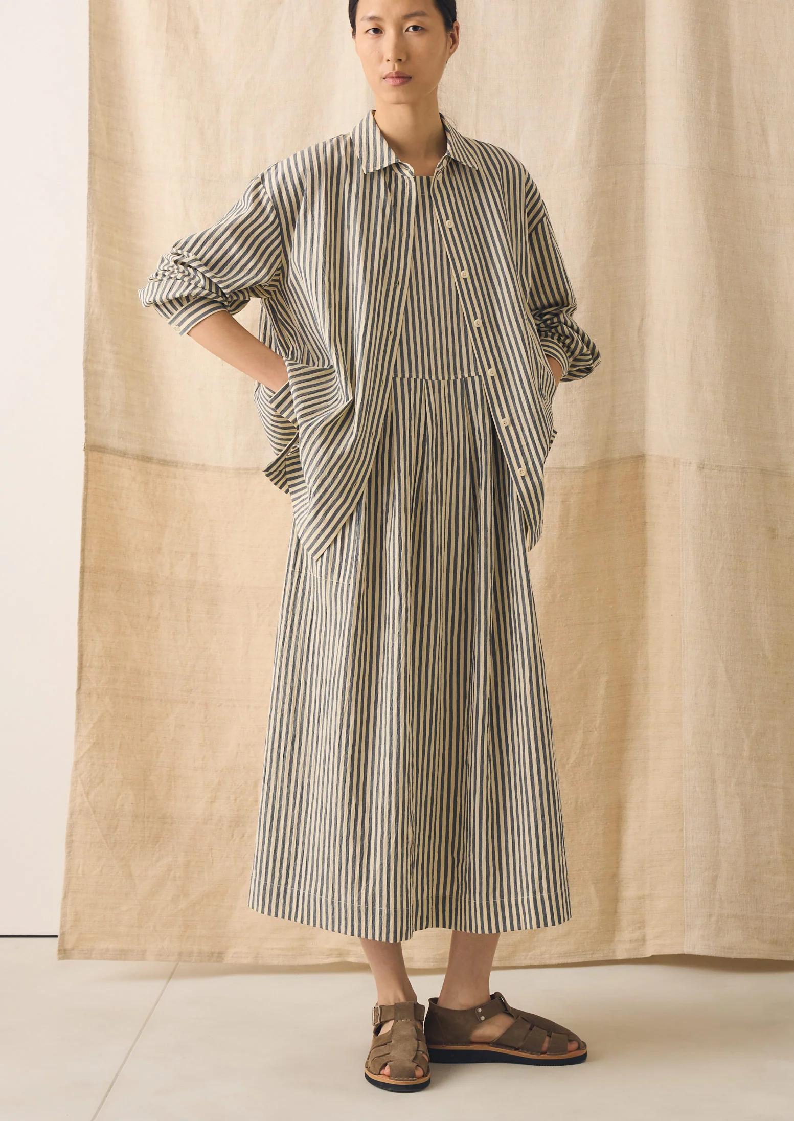 Tablier Stripe Cotton Pinafore Dress | Workshop Blue - Image 7