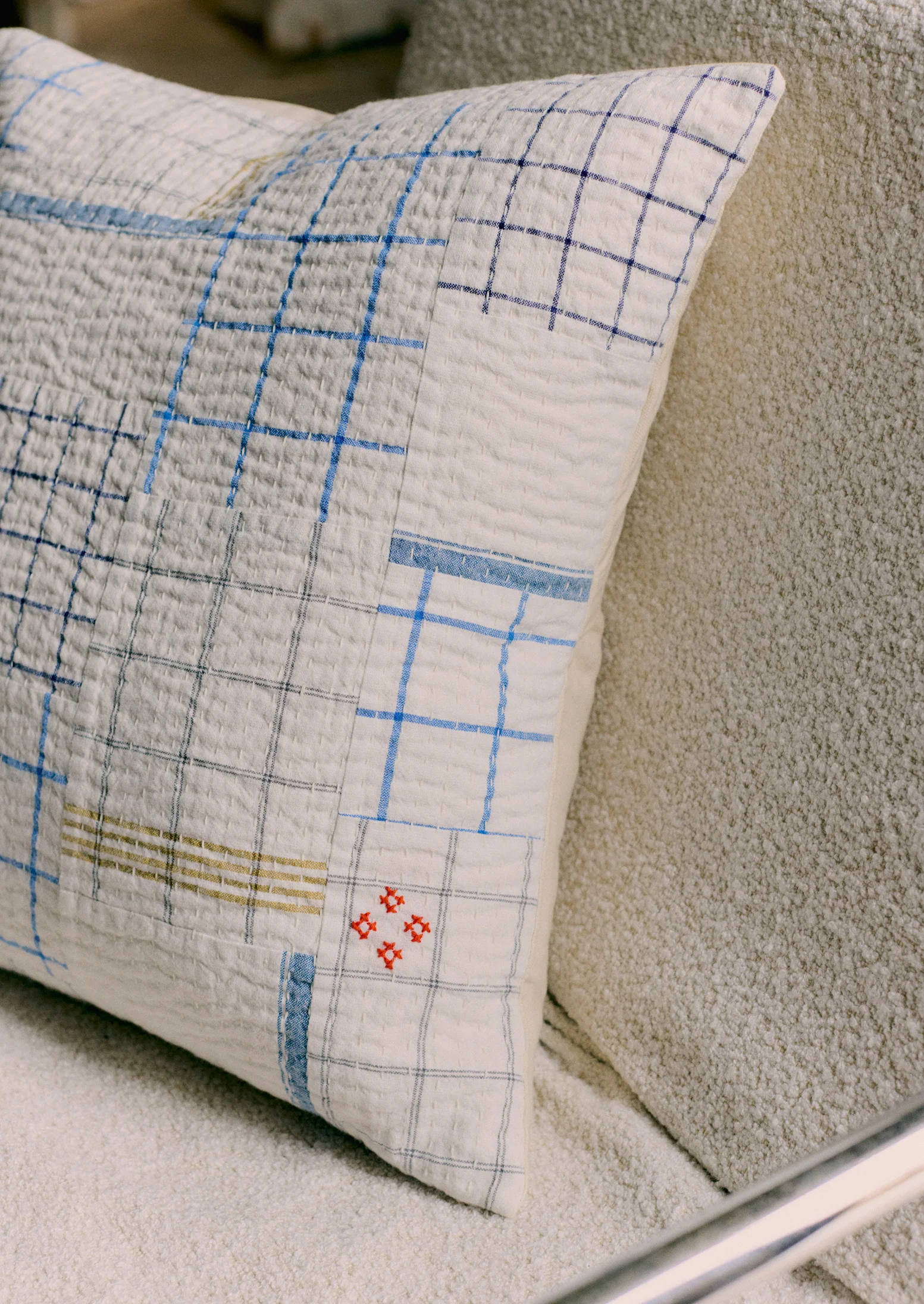 Tea Towel Check Patchwork Cushion Cover | Ecru/Multi - Image 3