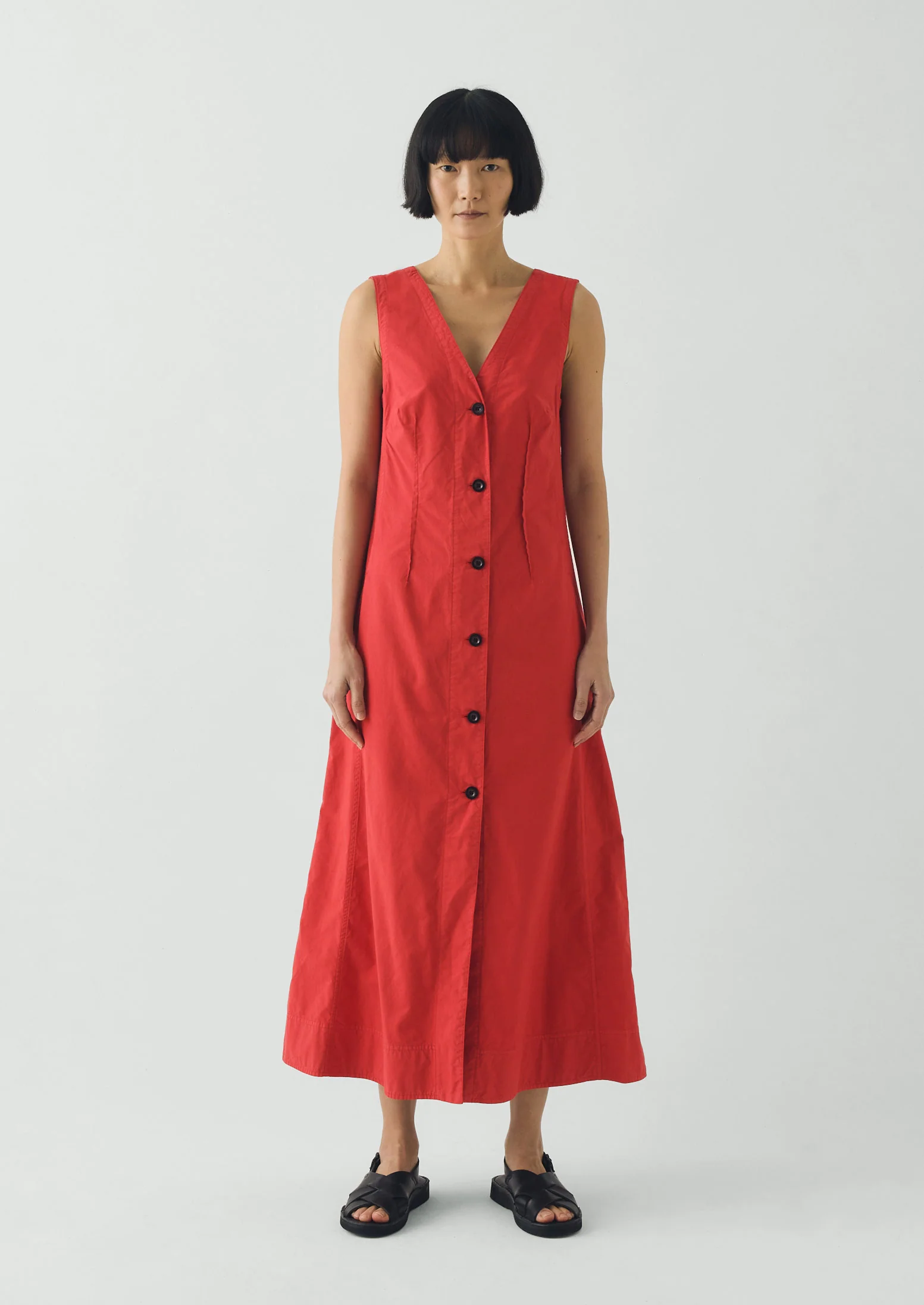 V Neck Cotton Linen Poplin Dress | Goji Berry - Image 2