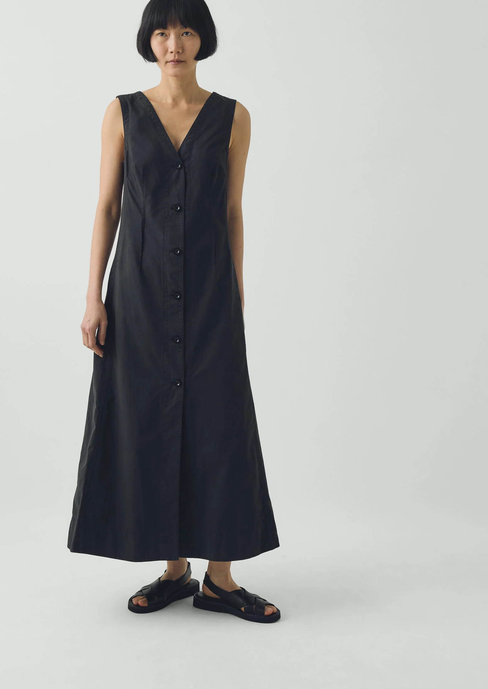 V Neck Cotton Linen Poplin Dress | Washed Black - Image 2