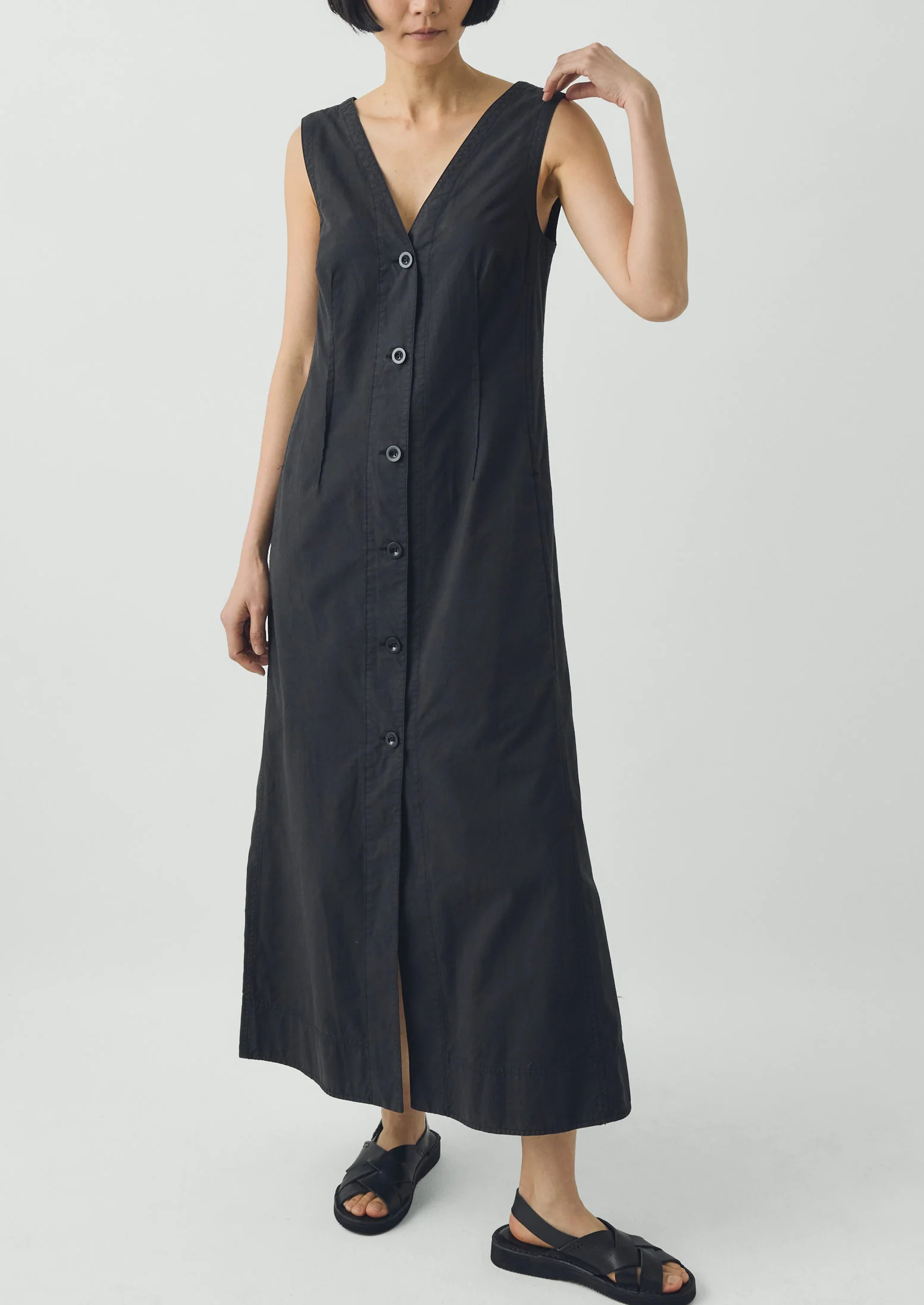 V Neck Cotton Linen Poplin Dress | Washed Black - Image 5