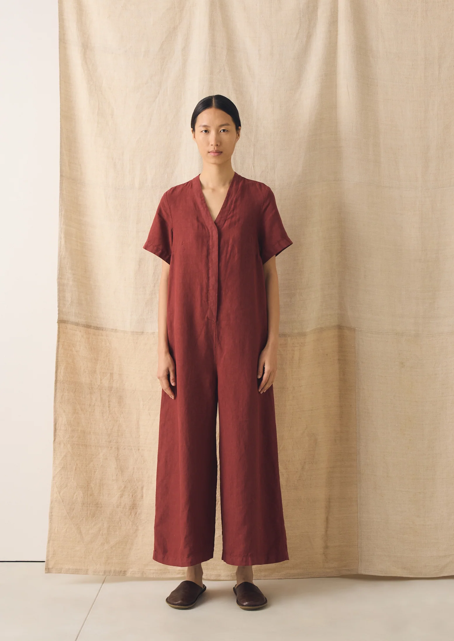 V Neck Garment Dyed Linen Jumpsuit | Tomato Red - Image 3