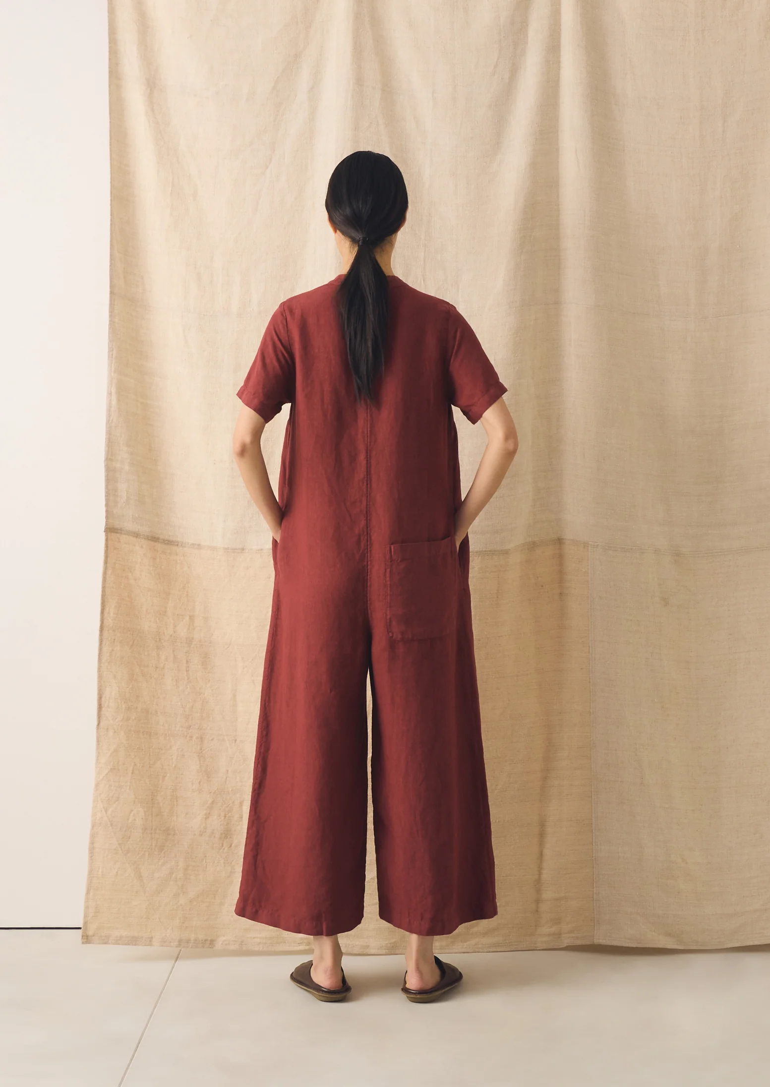 V Neck Garment Dyed Linen Jumpsuit | Tomato Red - Image 4