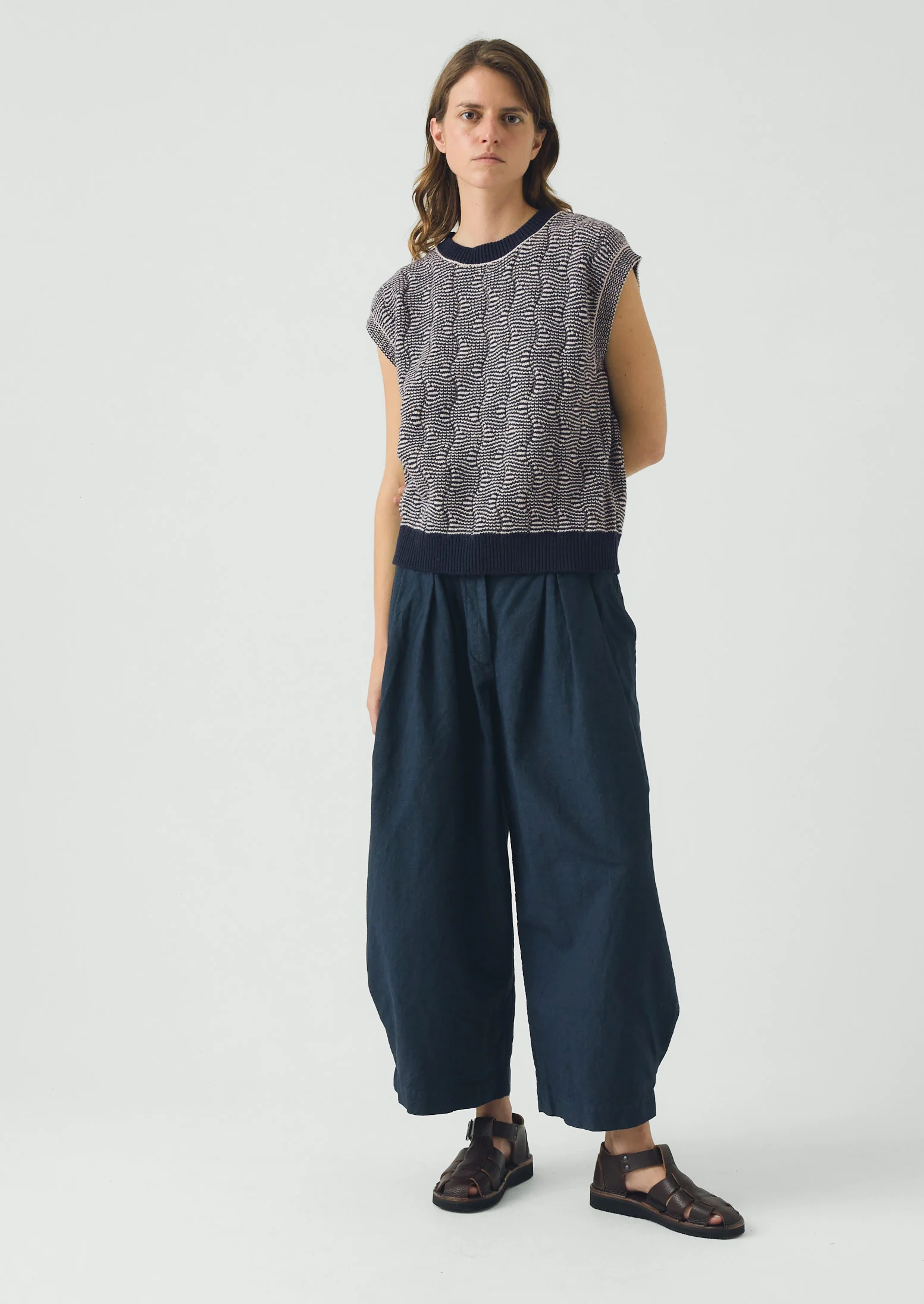 Wavy Stripe Knitted Wool Cotton Top | Navy/Parchment - Image 3