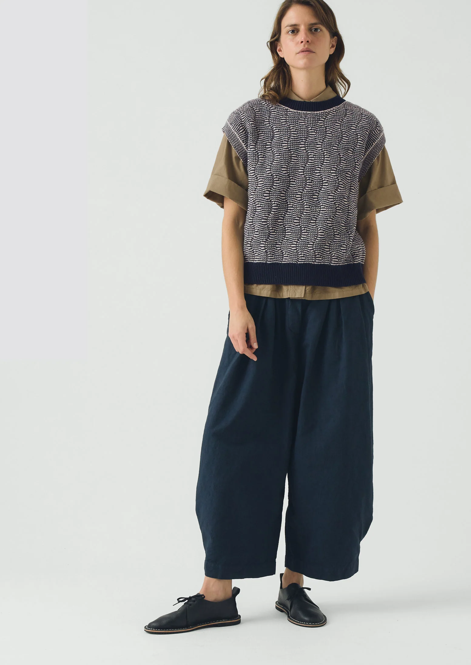 Wavy Stripe Knitted Wool Cotton Top | Navy/Parchment - Image 5