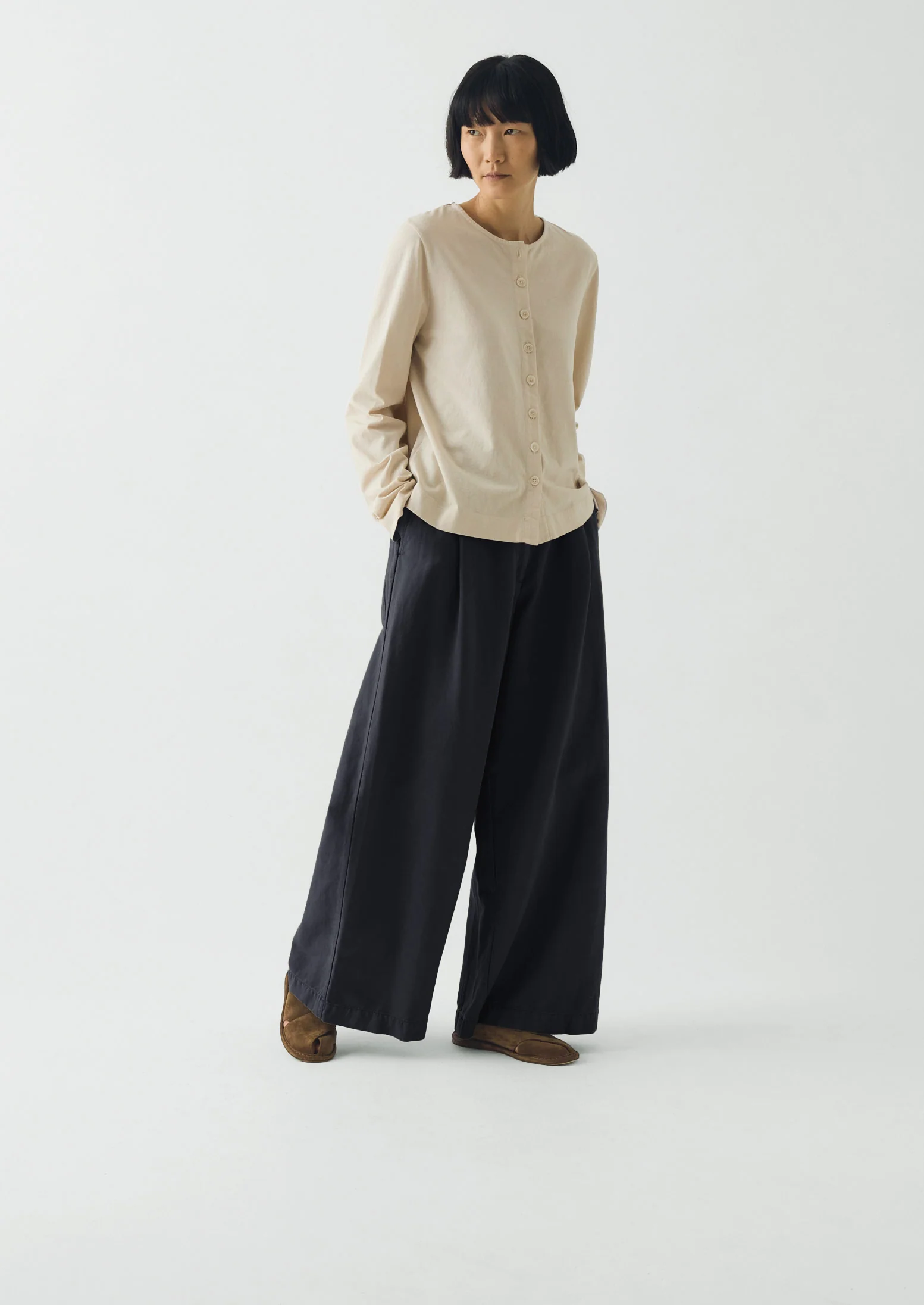 Wide Leg Cotton Linen Twill Trousers | Nile Blue - Image 2