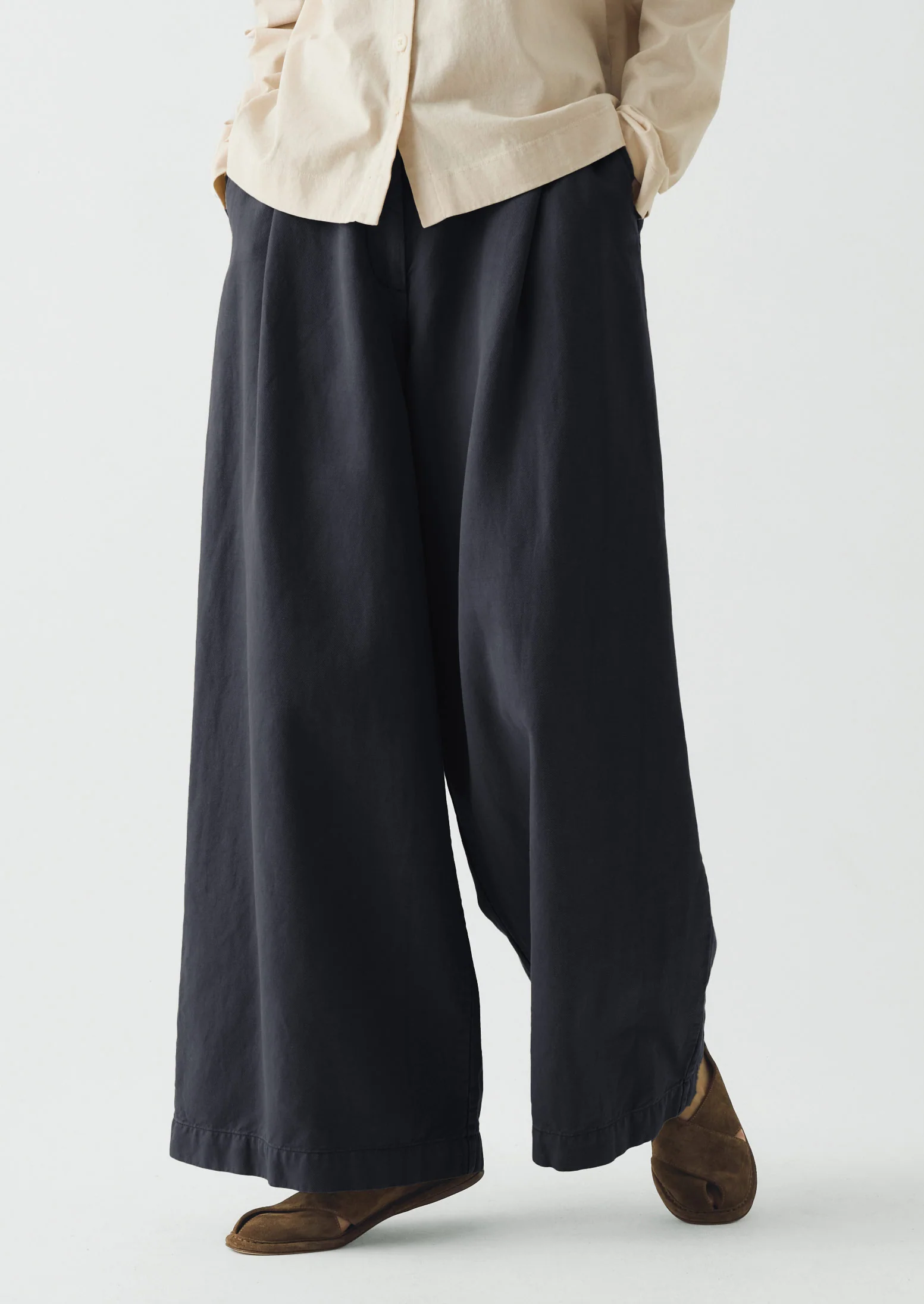 Wide Leg Cotton Linen Twill Trousers | Nile Blue - Image 3